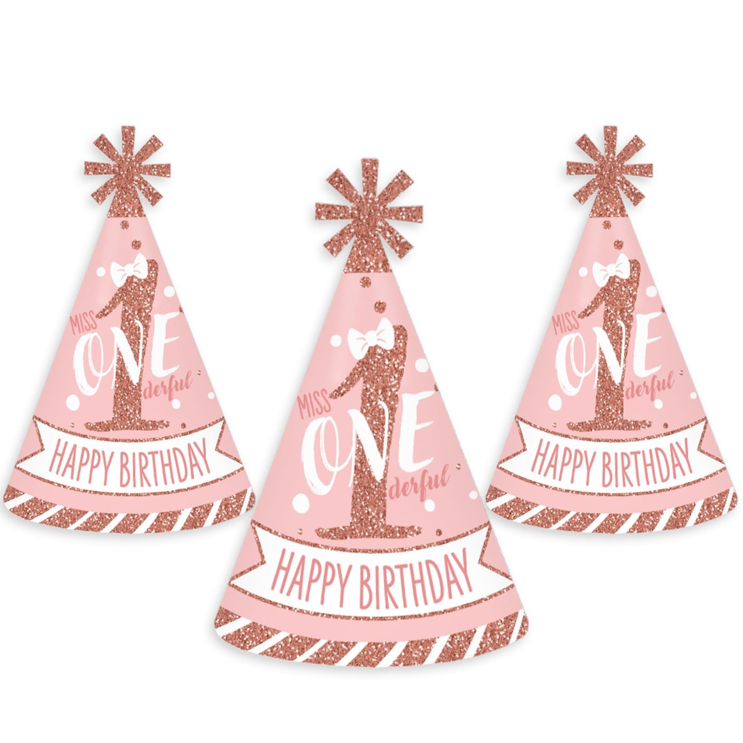 1st Birthday Little Miss Onederful - Cone Happy Birthday Party Hats for Kids and Adults - Set of 8 (Standard Size)