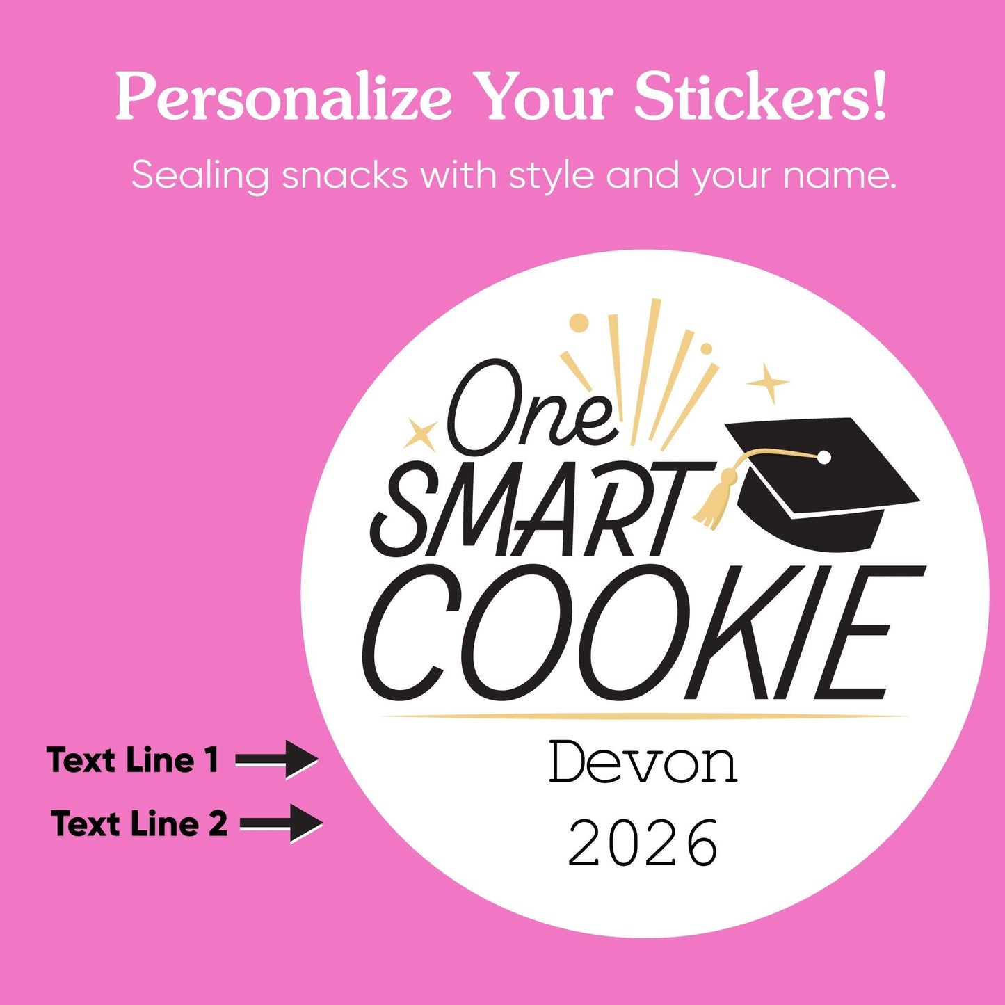 Custom Text Stickers & Clear Cookie Bags - Black & Gold Grad - 100 Ct