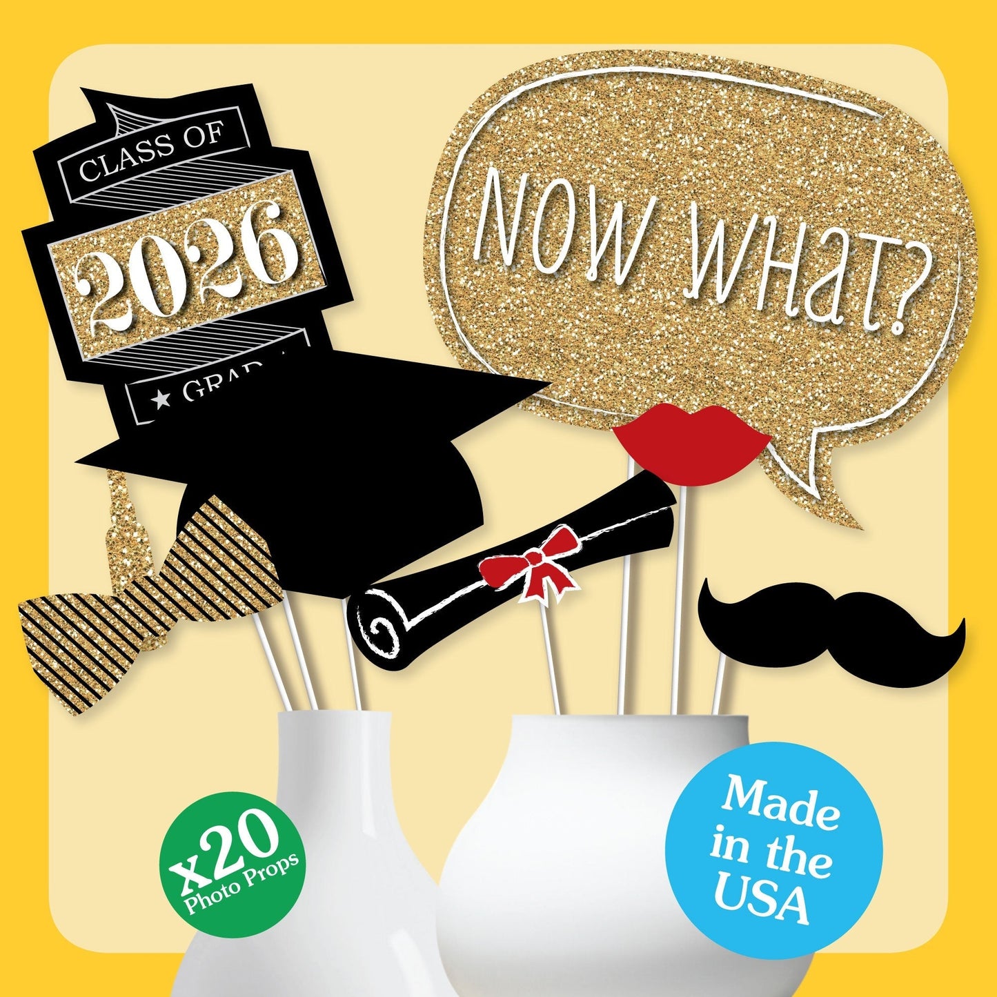 Graduation Party - Gold - 2026 Graduation Party Photo Booth Props Kit - 20 Count
