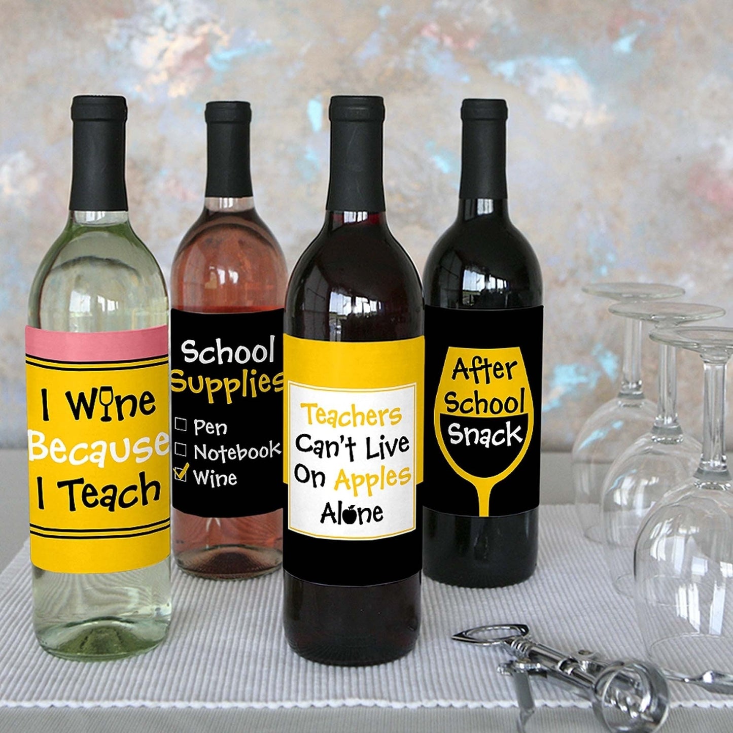 Best Teacher Gift - Teacher Appreciation Christmas Gift Decorations for Women and Men - Wine Bottle Label Stickers - First and Last Day of School Gifts for Teachers - Set of 4
