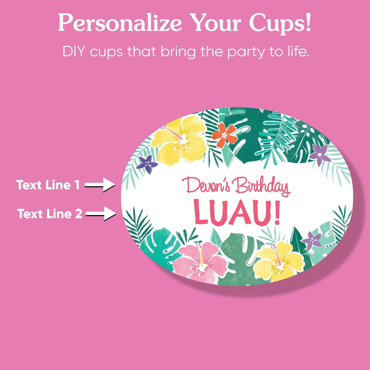 Custom Text Party Cups - Hawaiian Luau - 16 Ct