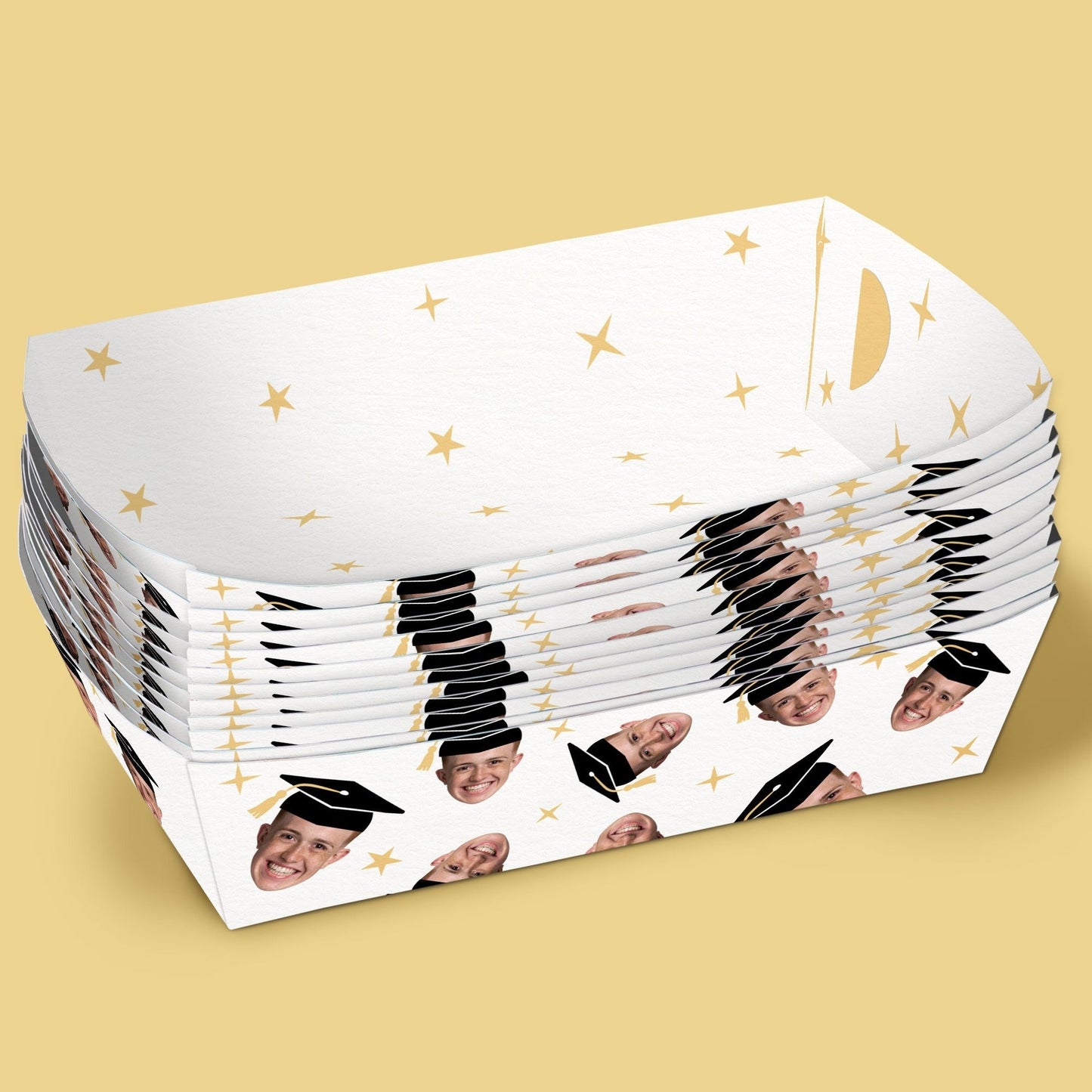 Custom Face Black and Gold Graduation Paper Food Trays - 12 Ct