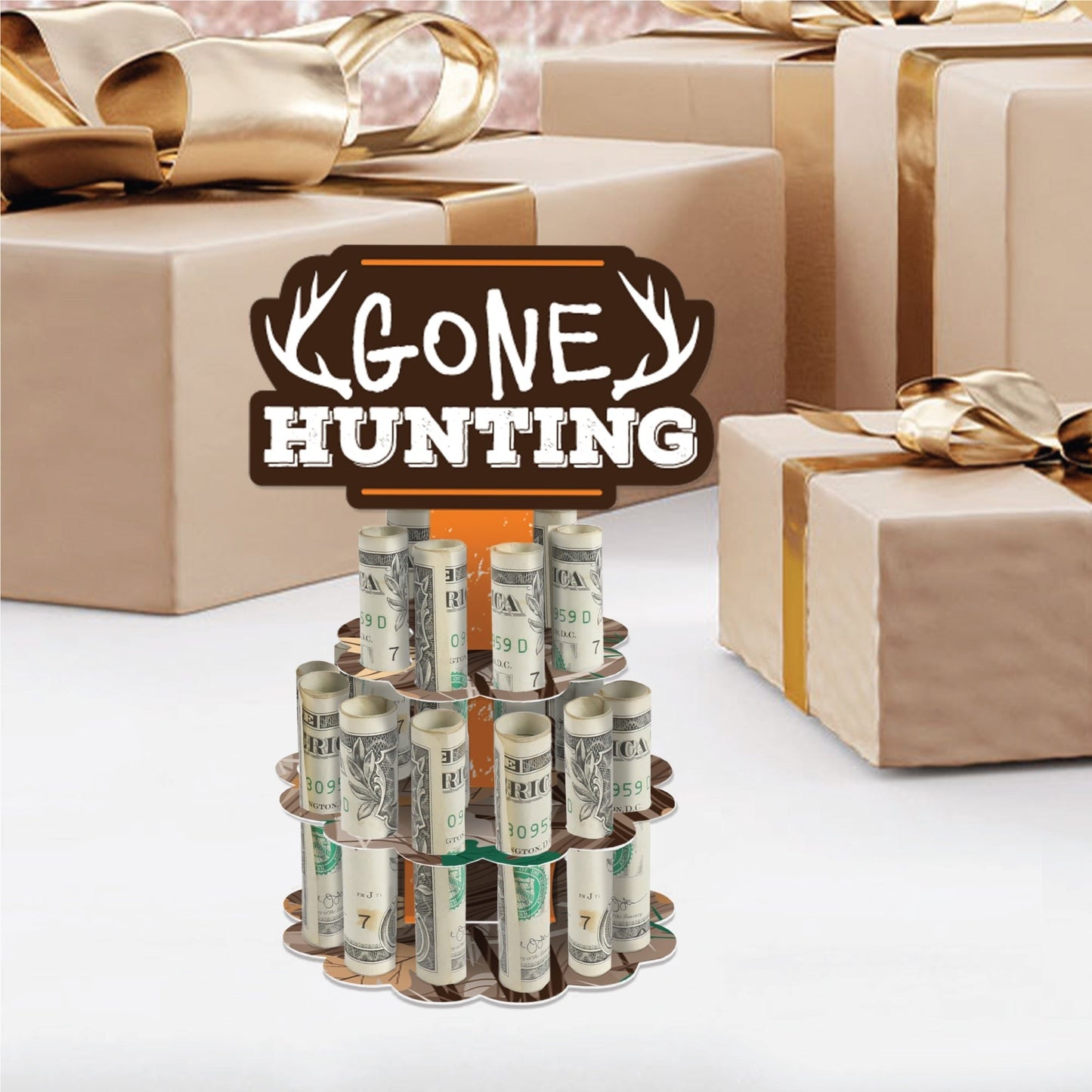 Gone Hunting - DIY Deer Hunting Camo Birthday Party Money Holder Gift - Cash Cake