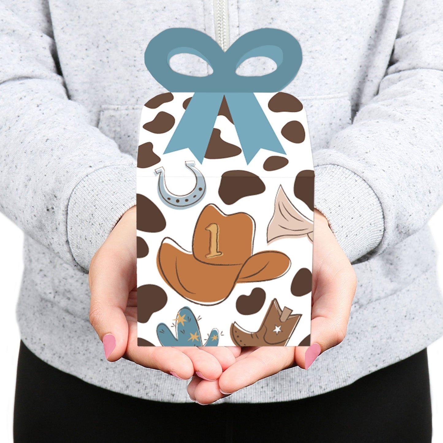 My First Rodeo - Square Favor Gift Boxes - Little Cowboy 1st Birthday Party Bow Boxes - Set of 12