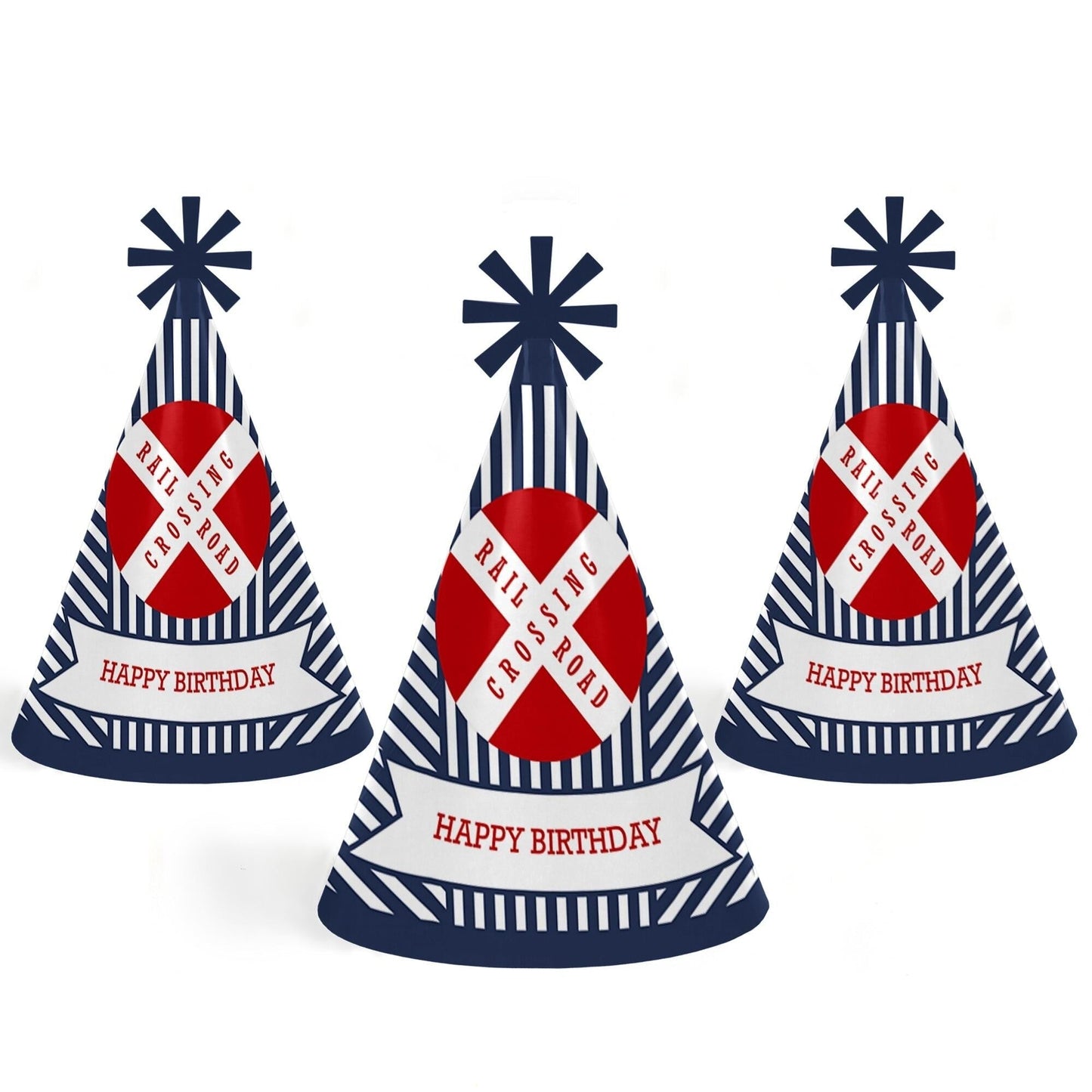 Railroad Party Crossing - Steam Train Cone Happy Birthday Party Hats for Kids and Adults - Set of 8 (Standard Size)