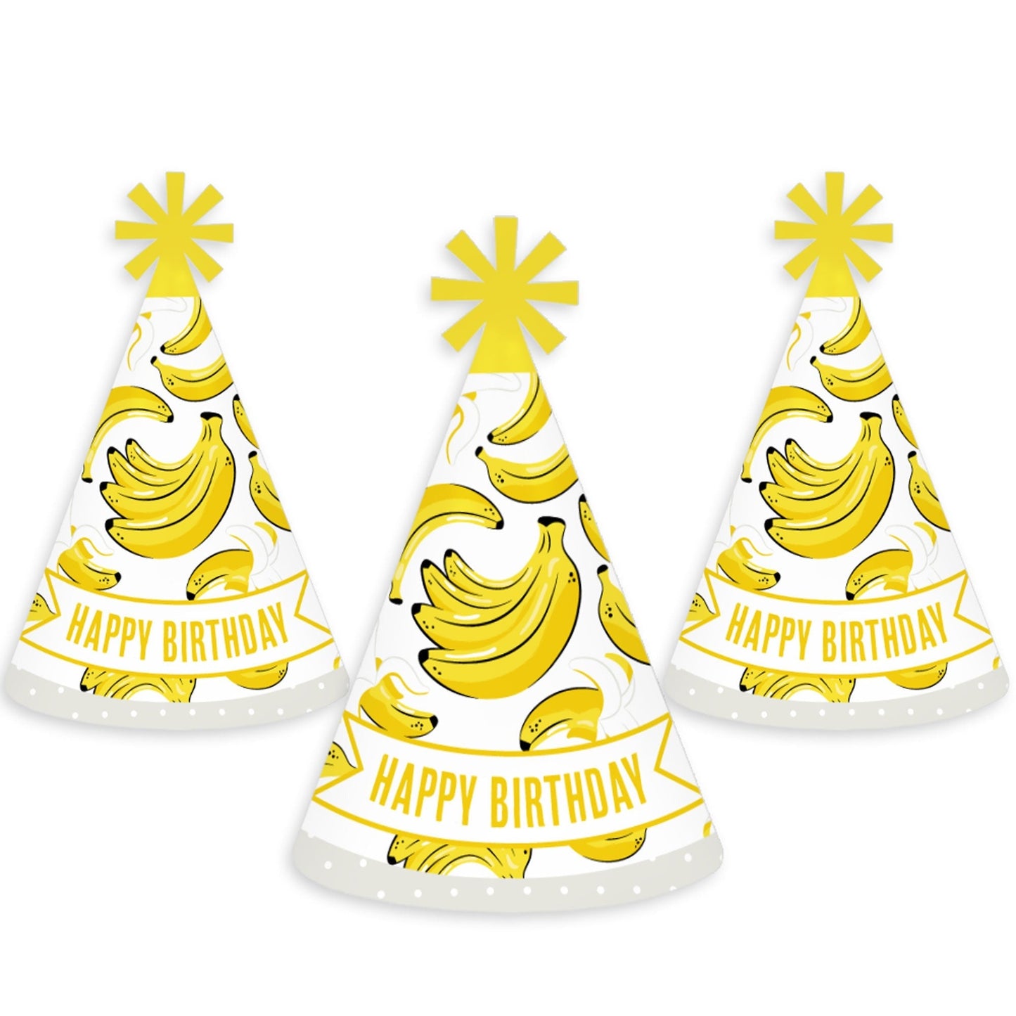 Let's Go Bananas - Cone Happy Birthday Party Hats for Kids and Adults - Set of 8 (Standard Size)