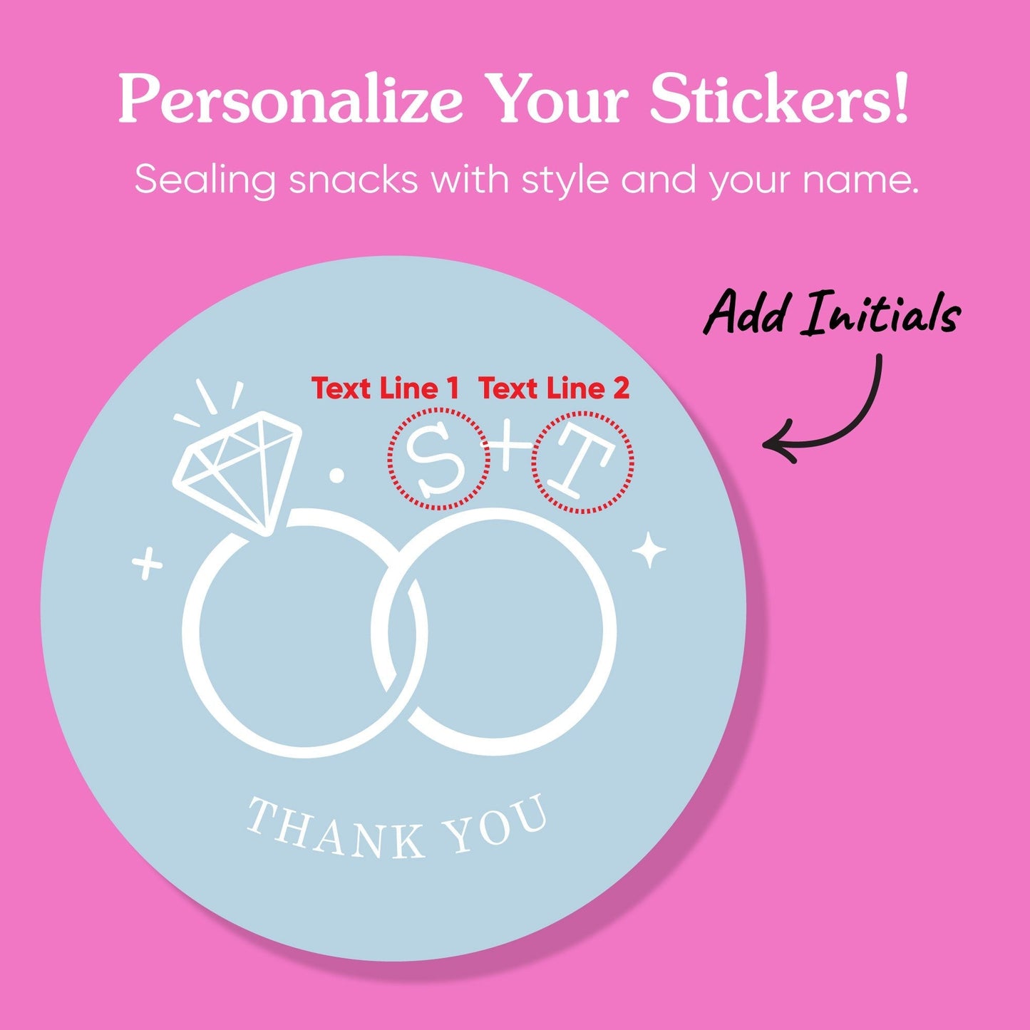 Custom Text Stickers & Clear Cookie Bags - Dusty Blue Wedding Rings