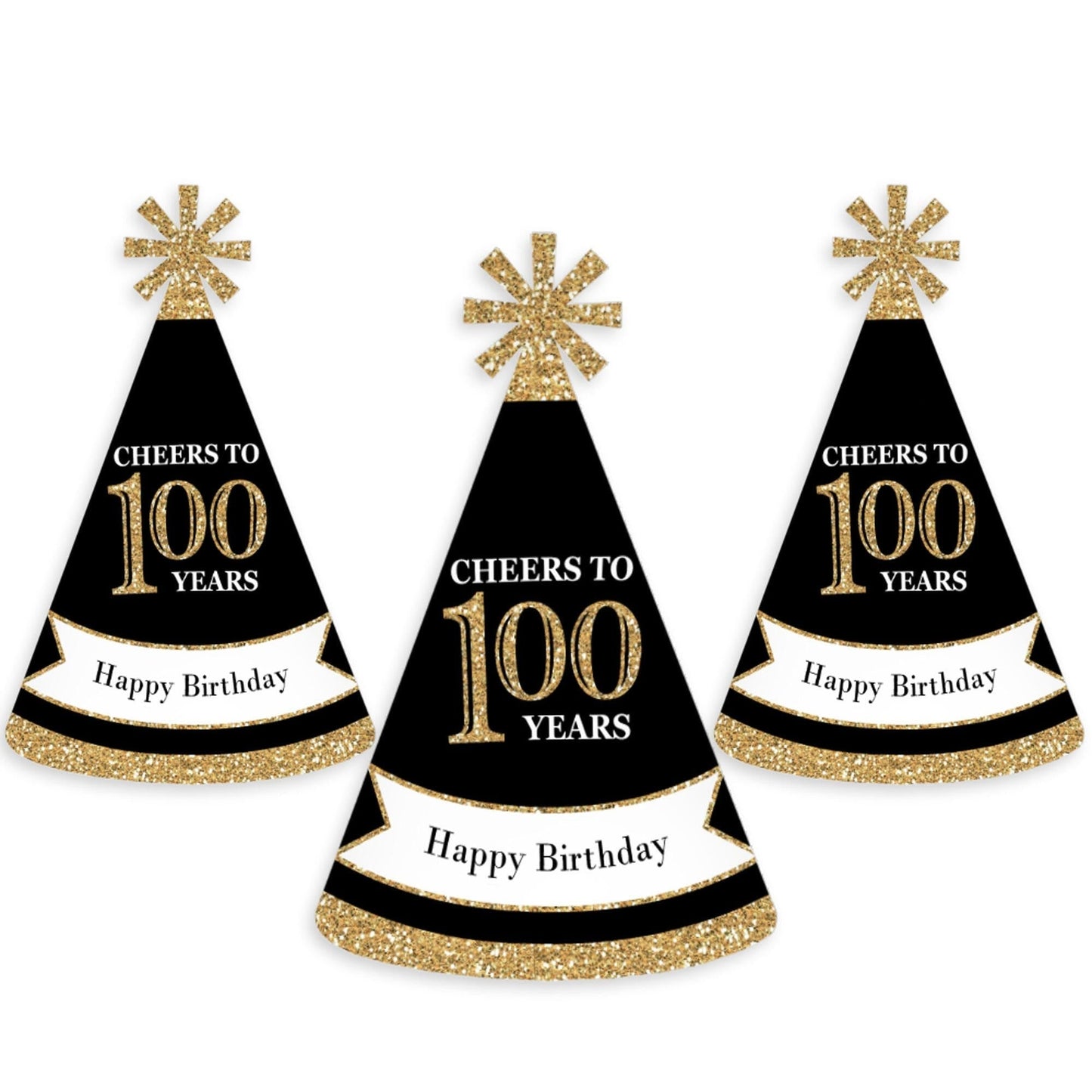 Adult 100th Birthday - Gold - Cone Birthday Party Hats for Adults - Set of 8 (Standard Size)