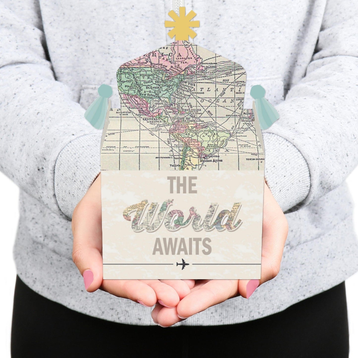 World Awaits - Treat Box Party Favors - Travel Themed Party Goodie Gable Boxes - Set of 12