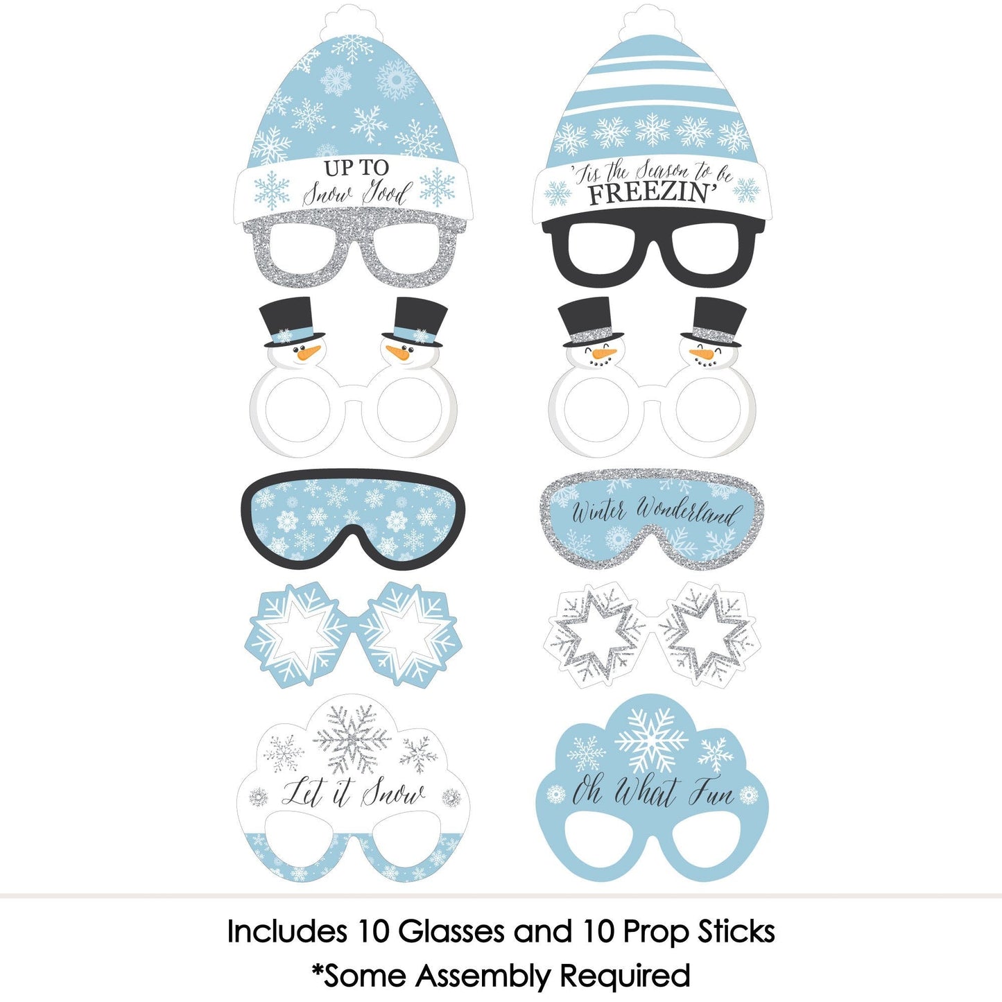 Winter Wonderland Glasses and Headpieces - Paper Card Stock Snowflake Holiday Party and Winter Wedding Photo Booth Props Kit - 10 Count