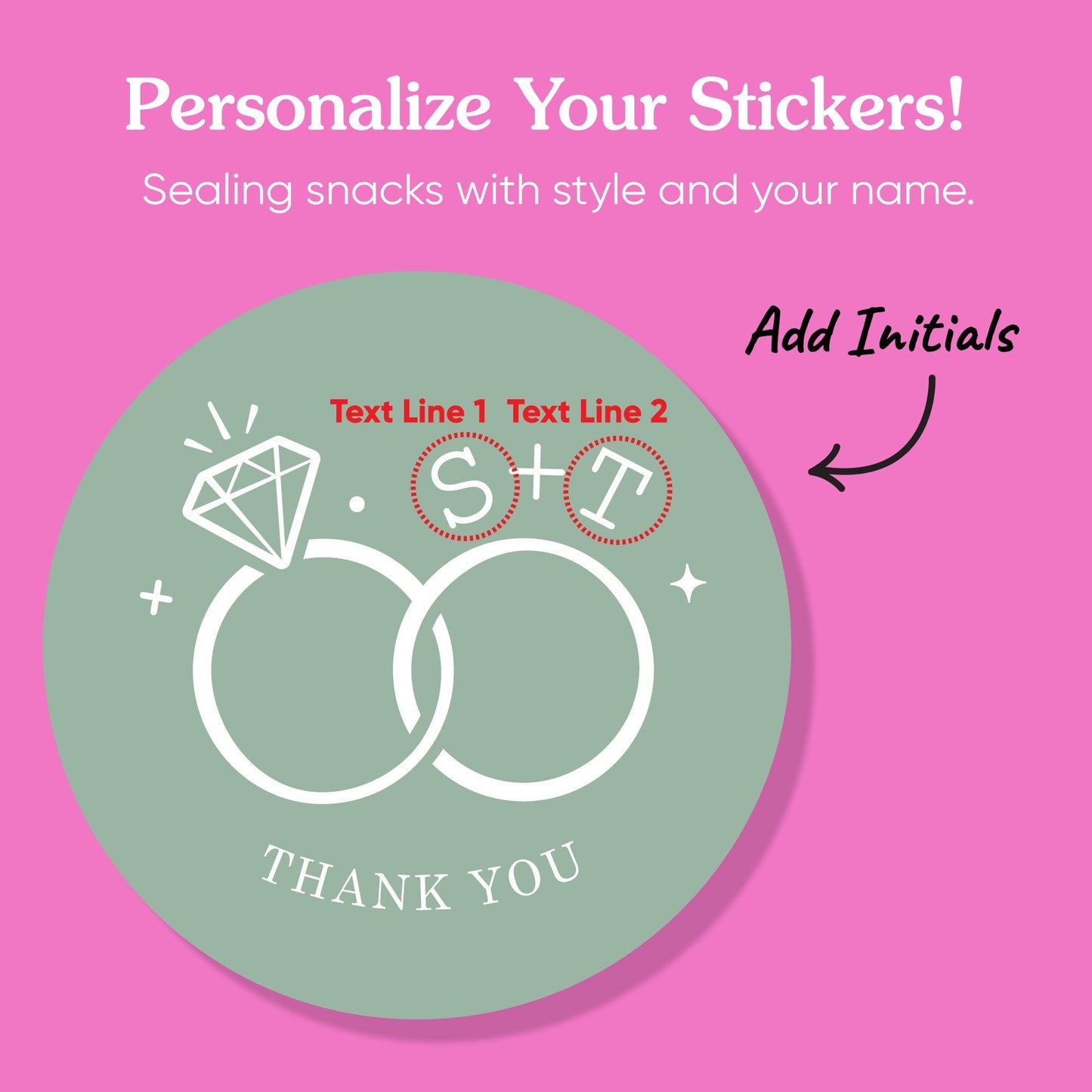 Custom Text Stickers & Clear Cookie Bags - Sage Green Wedding Rings