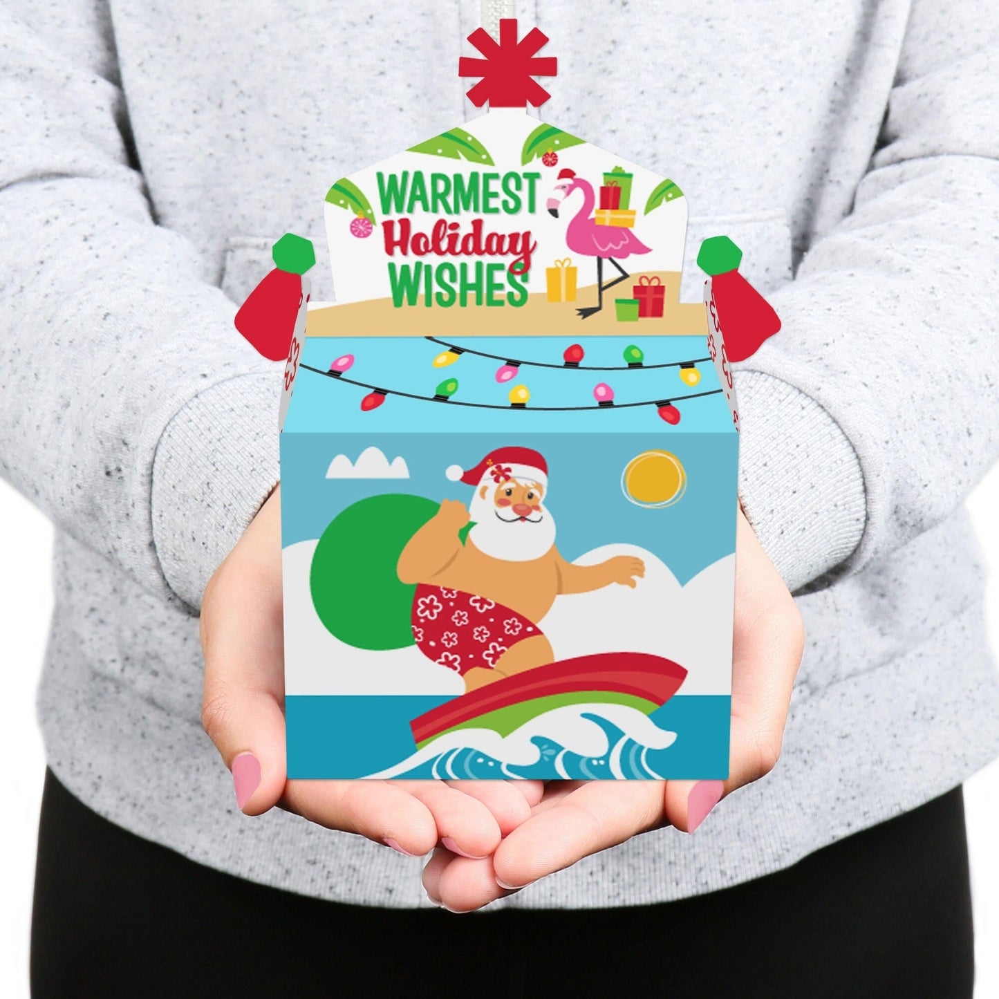 Tropical Christmas - Treat Box Party Favors - Beach Santa Holiday Party Goodie Gable Boxes - Set of 12