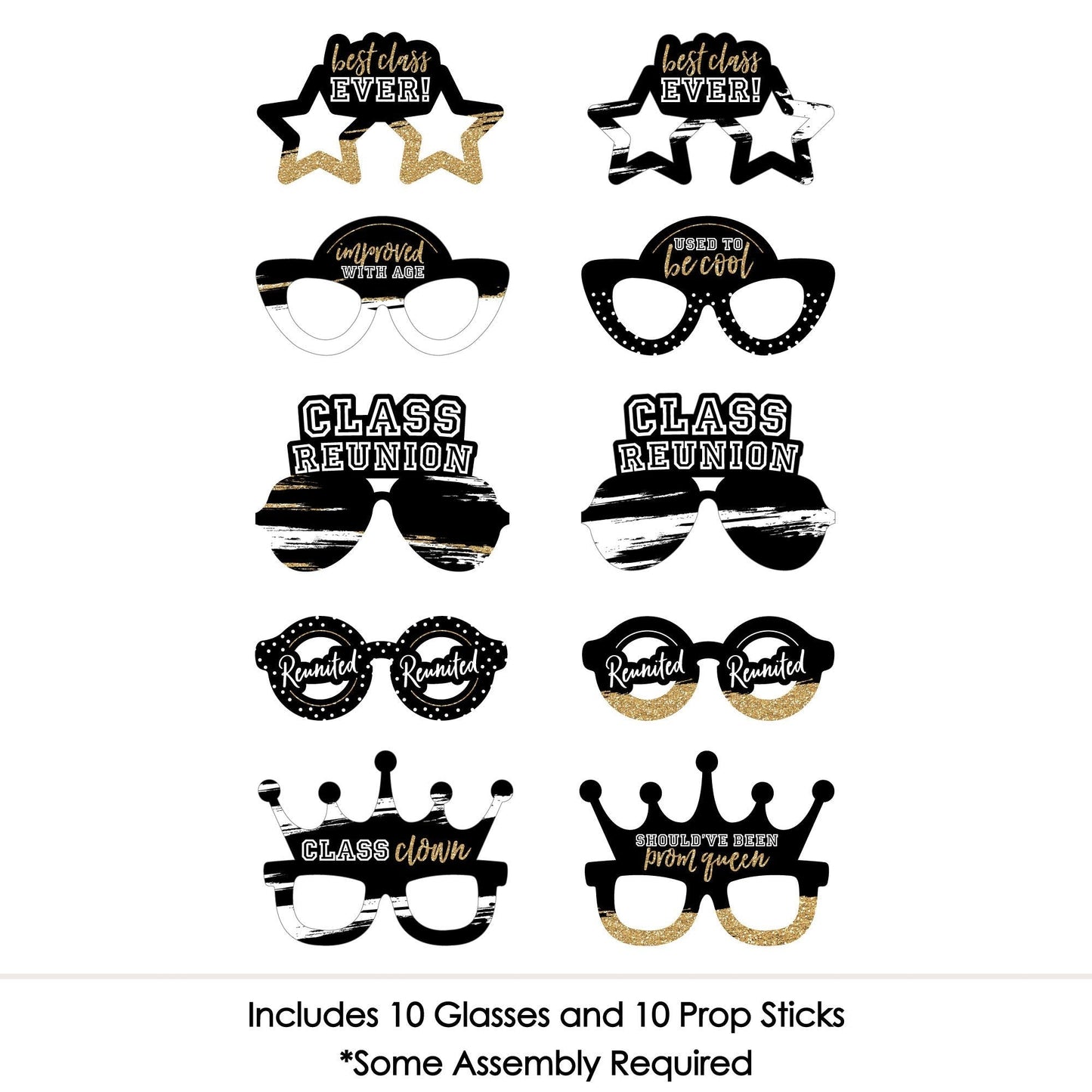 Reunited Glasses - Paper Card Stock School Class Reunion Party Photo Booth Props Kit - 10 Count