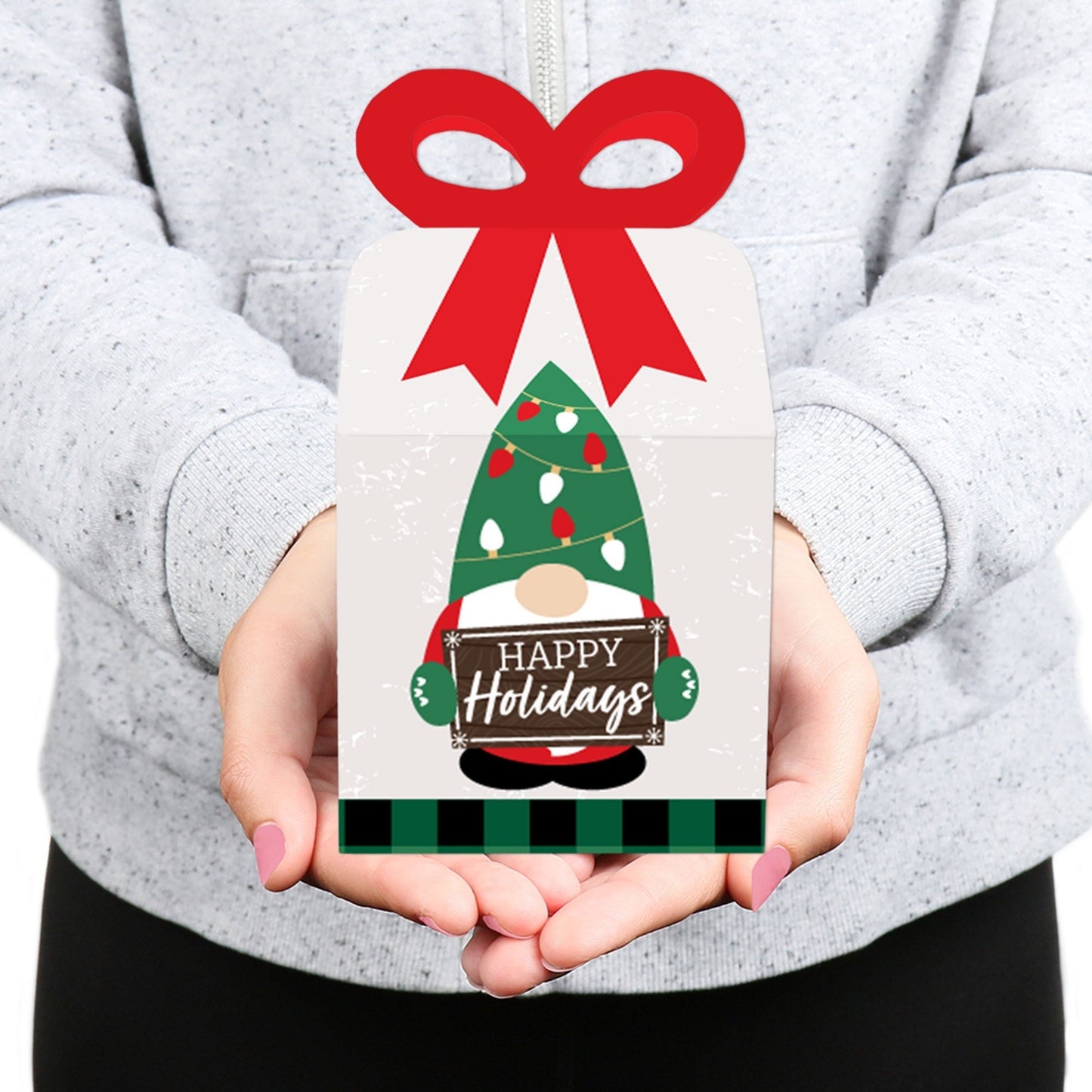 Red and Green Holiday Gnomes - Square Favor Gift Boxes - Christmas Party Bow Boxes - Set of 12
