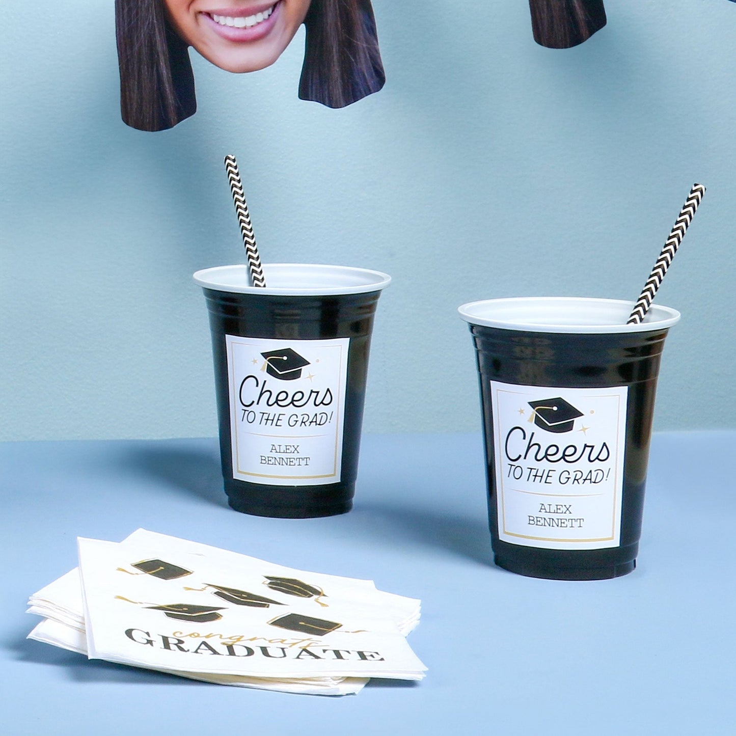 Custom Text Party Cups - Black and Gold Graduation - 16 Ct