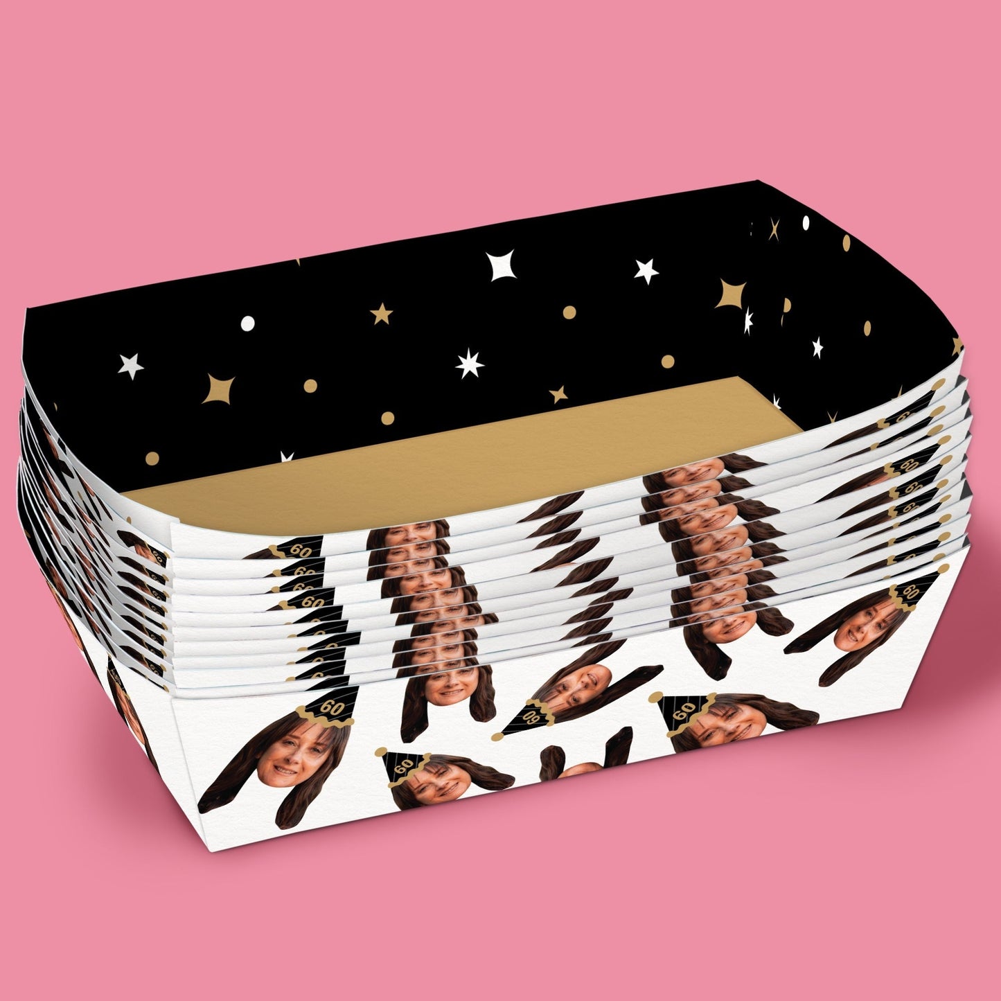 Custom Face Black & Gold Paper Food Trays - 12 Ct