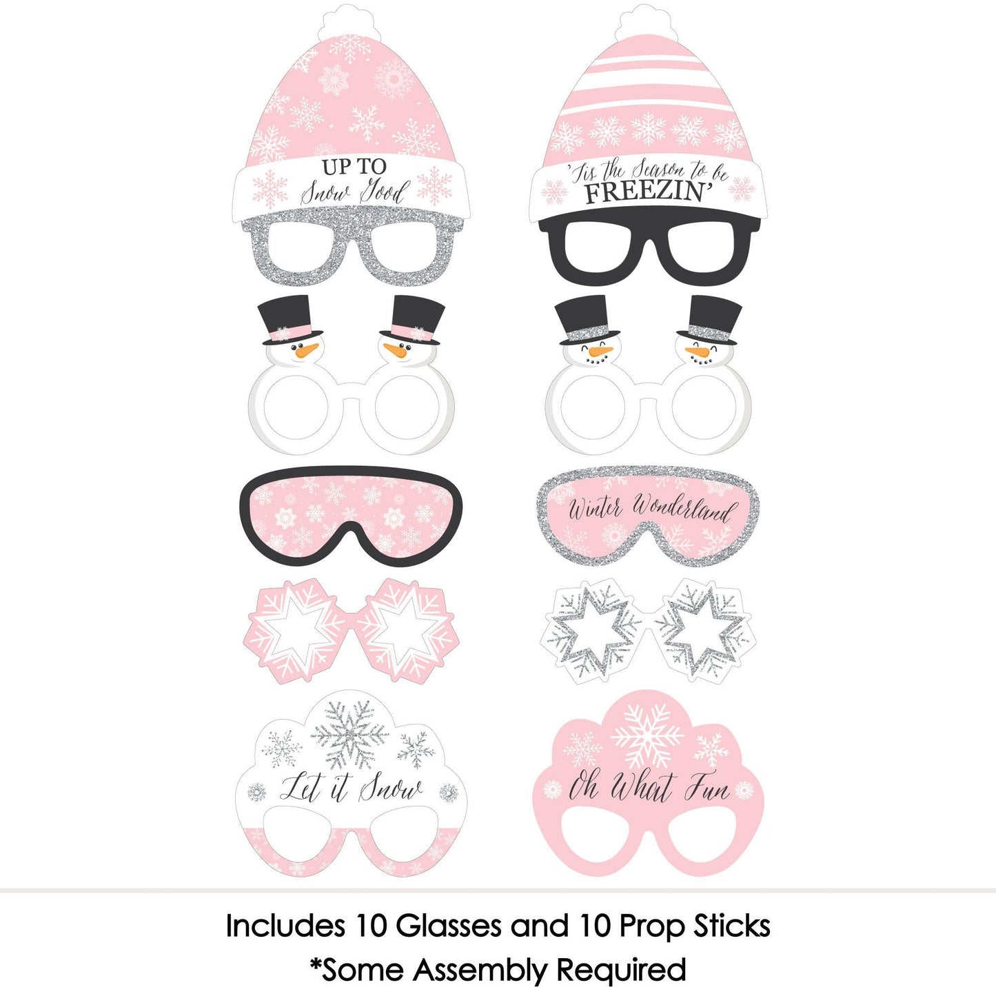Pink Winter Wonderland Glasses and Headpieces - Paper Card Stock Holiday Snowflake Birthday Party and Baby Shower Photo Booth Props Kit - 10 Count