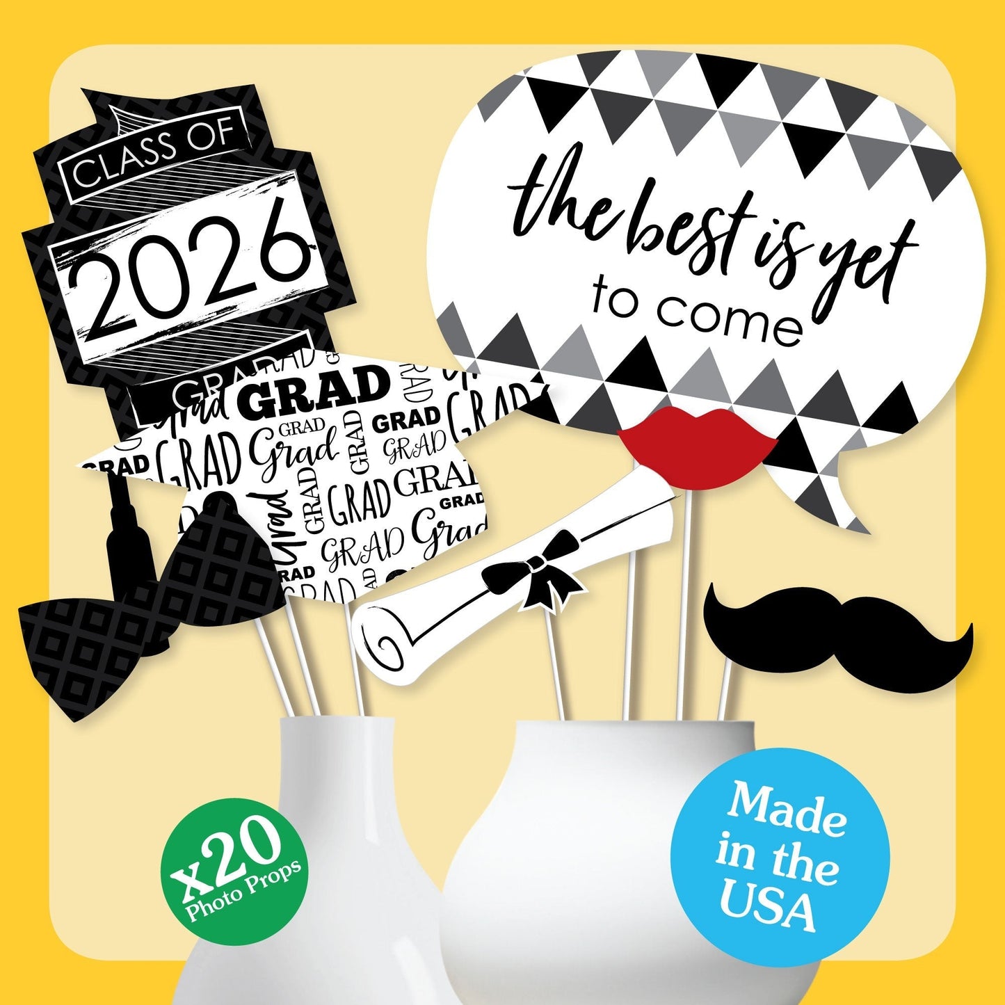 Black and White Grad - 2026 Graduation Party Photo Booth Props Kit - 20 Count