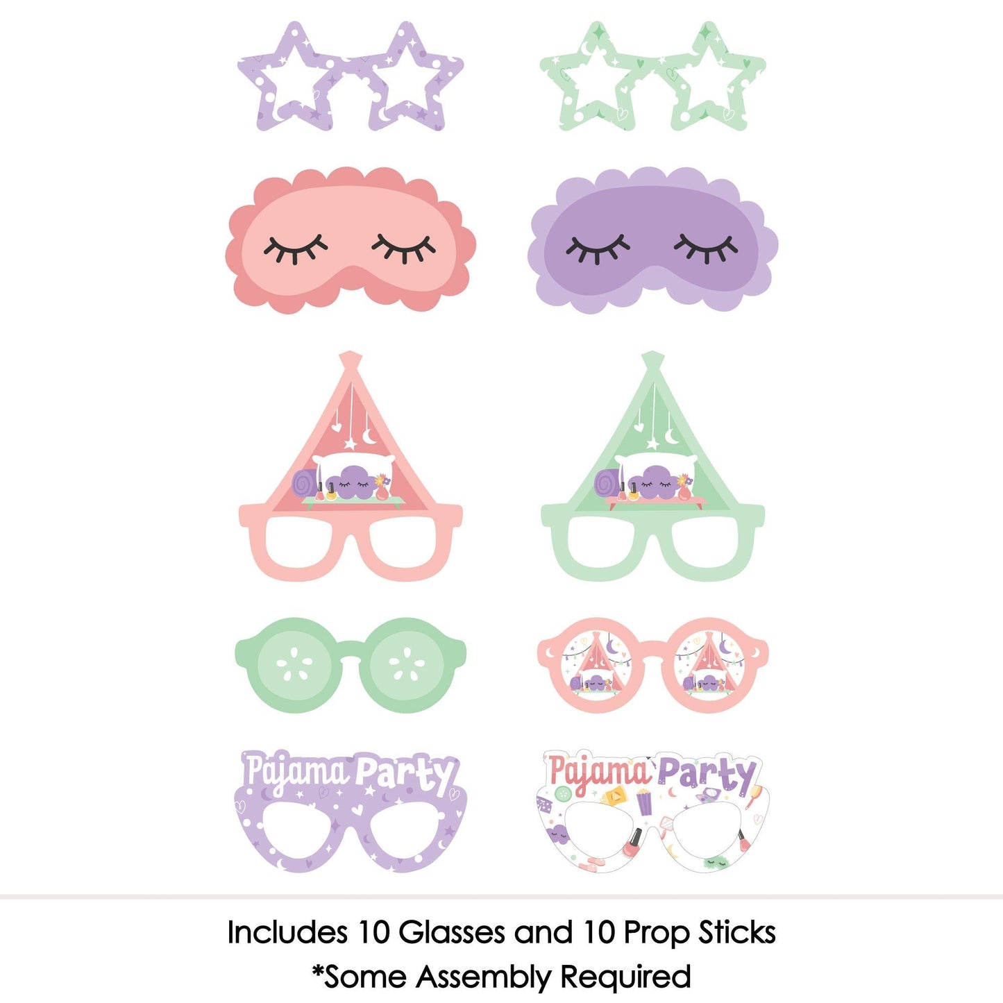 Pajama Slumber Party Glasses and Masks - Paper Card Stock Girls Sleepover Birthday Party Photo Booth Props Kit - 10 Count