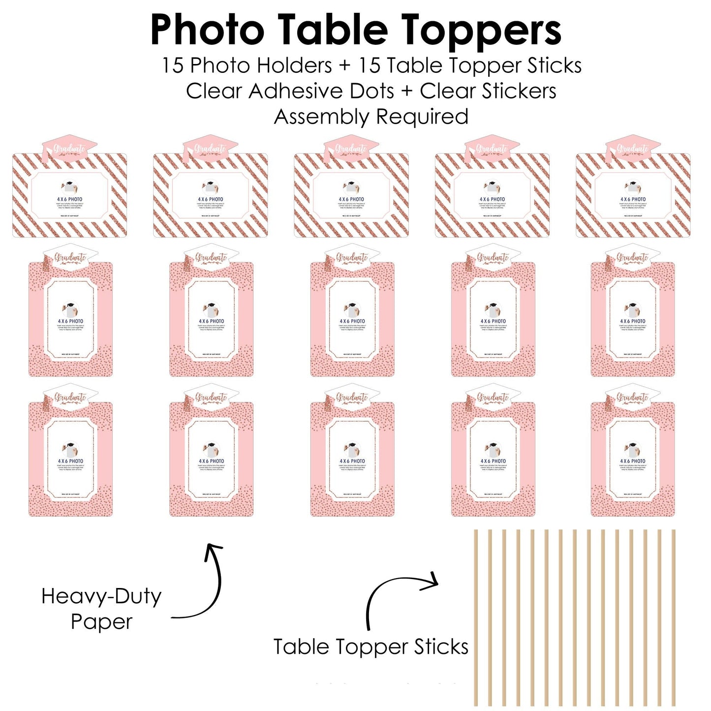 Rose Gold Grad - Graduation Party Picture Centerpiece Sticks - Photo Table Toppers - 15 Pieces