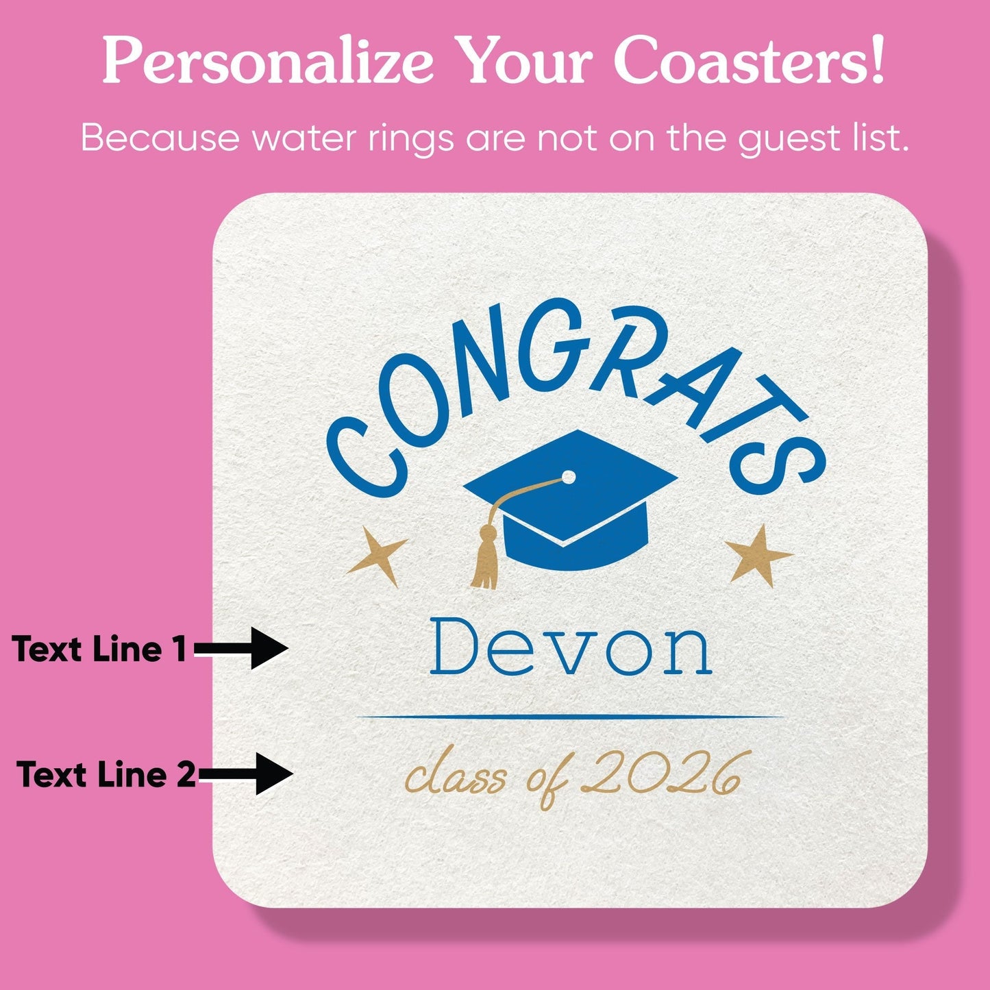Custom Text Coasters - Blue Graduation - 100 Ct