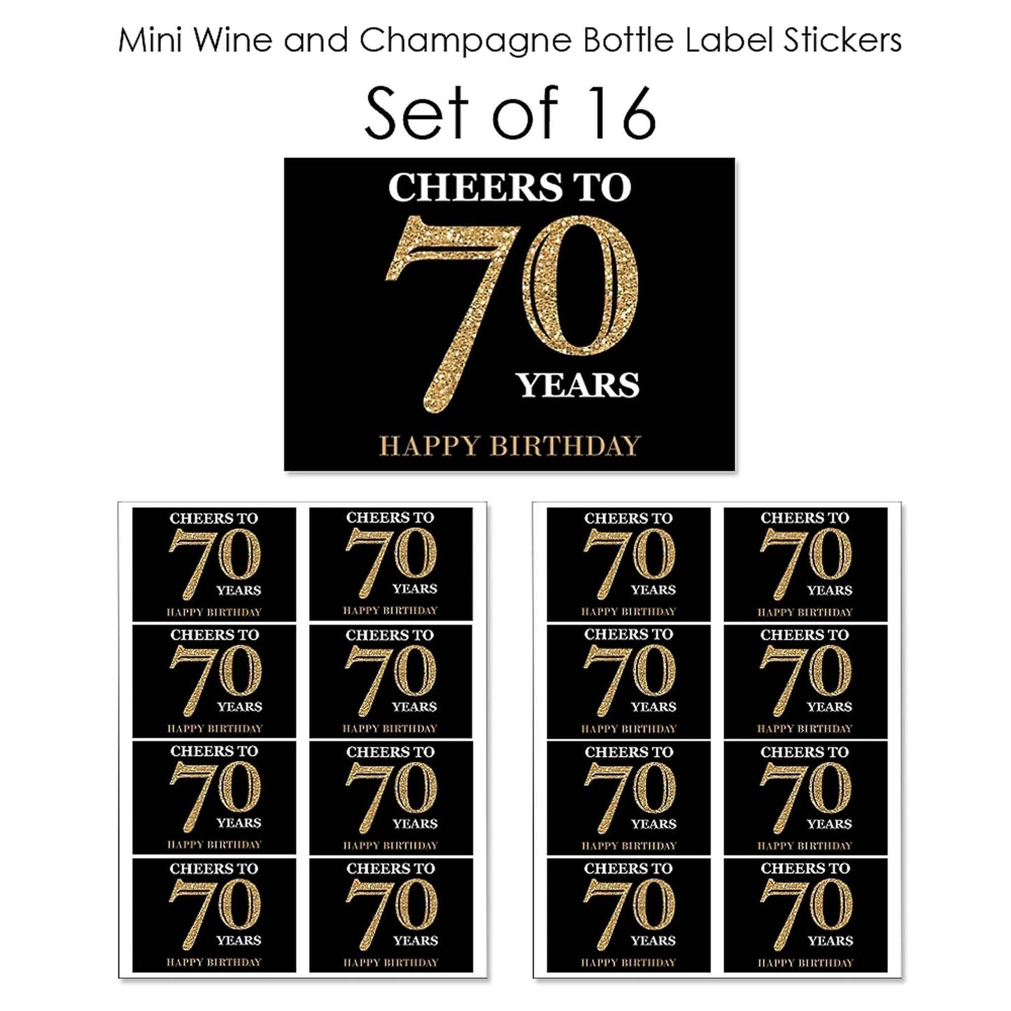 Adult 70th Birthday - Gold - Mini Wine and Champagne Bottle Label Stickers - Birthday Party Favor Gift - For Women and Men - Set of 16