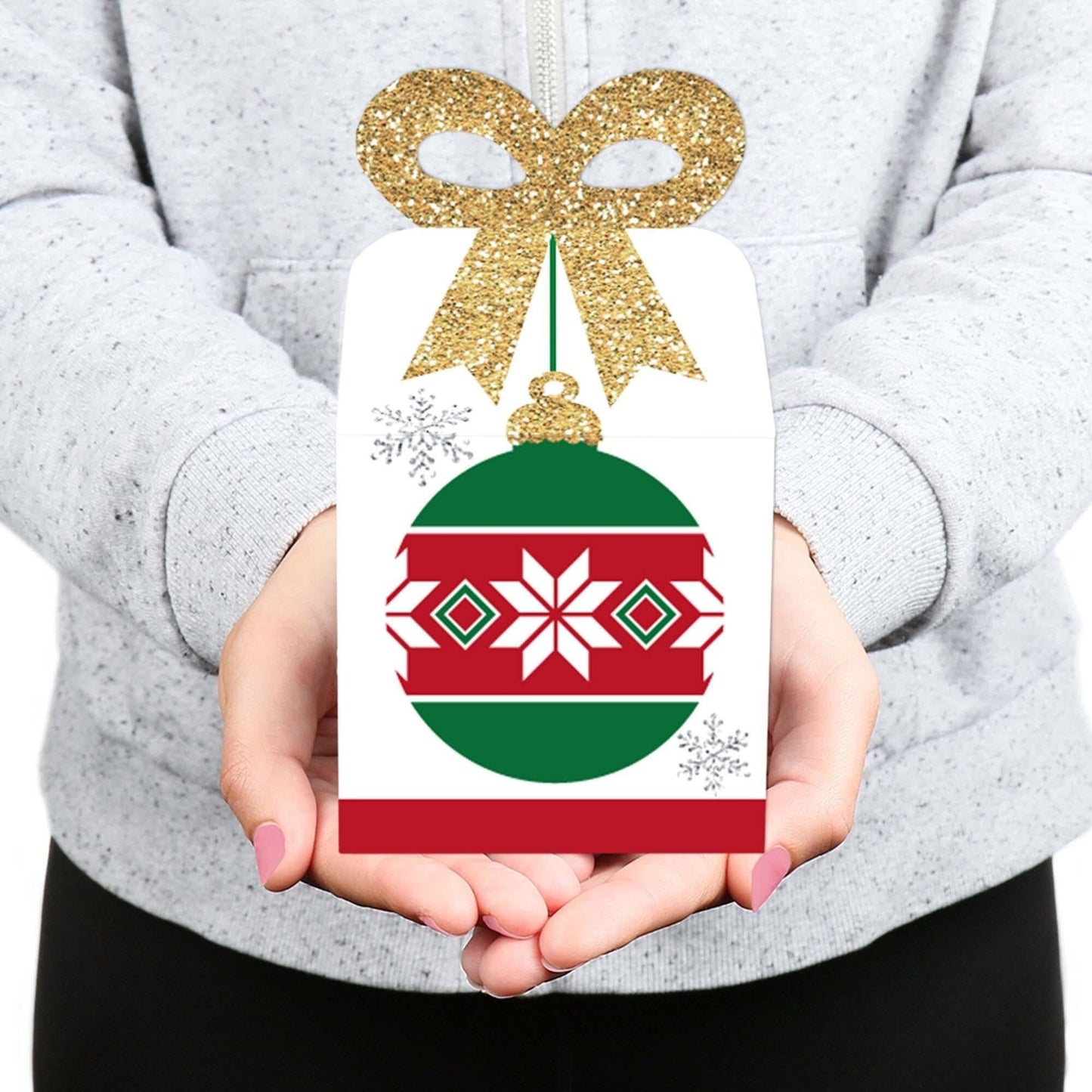 Ornaments - Square Favor Gift Boxes - Holiday and Christmas Party Bow Boxes - Set of 12