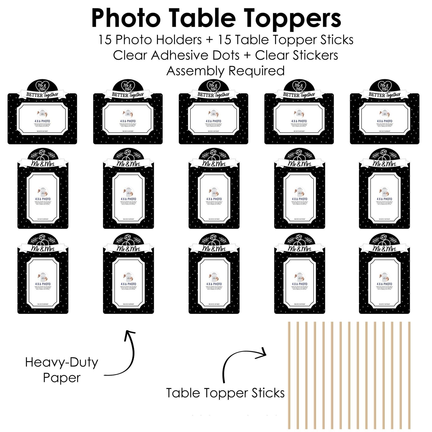 Mr. and Mrs. - Black and White Wedding or Bridal Shower Picture Centerpiece Sticks - Photo Table Toppers - 15 Pieces