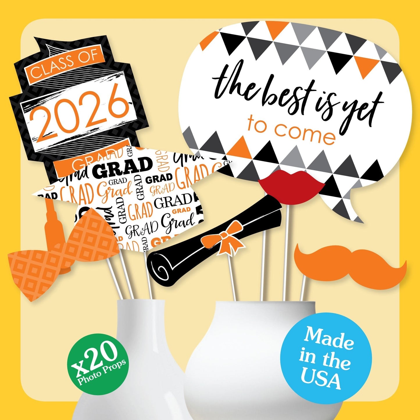 Orange Grad - 2026 Graduation Party Photo Booth Props Kit - 20 Count