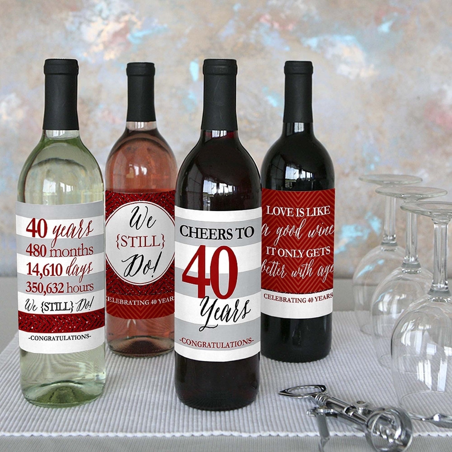 We Still Do - 40th Wedding Anniversary Decorations for Women and Men - Wine Bottle Label Stickers - Set of 4