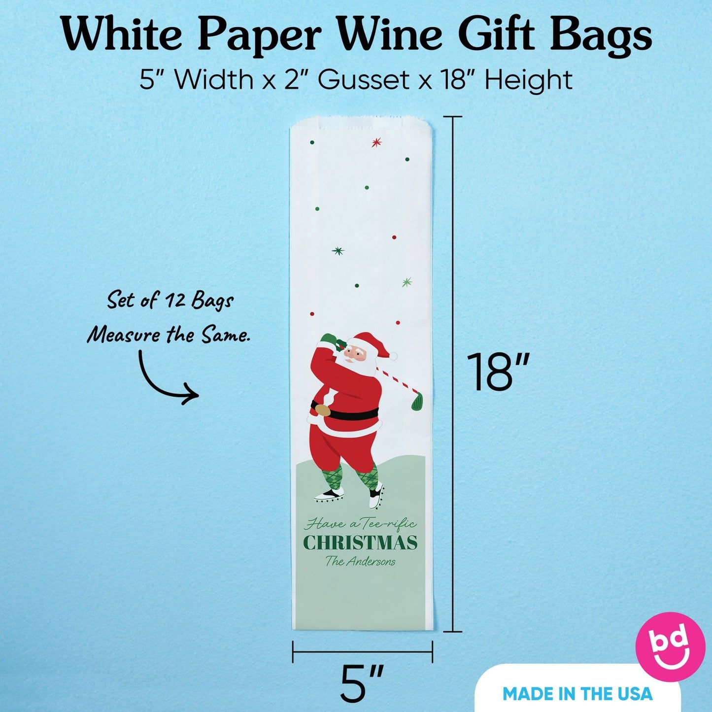 Custom Text Wine Bags - Golfing Santa