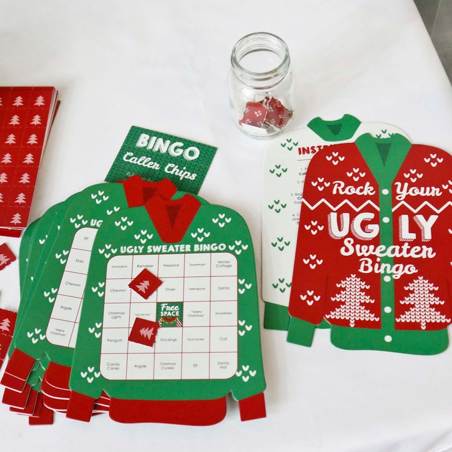 Ugly Sweater - Bar Bingo Cards and Markers - Holiday and Christmas Party Shaped Bingo Game - Set of 18