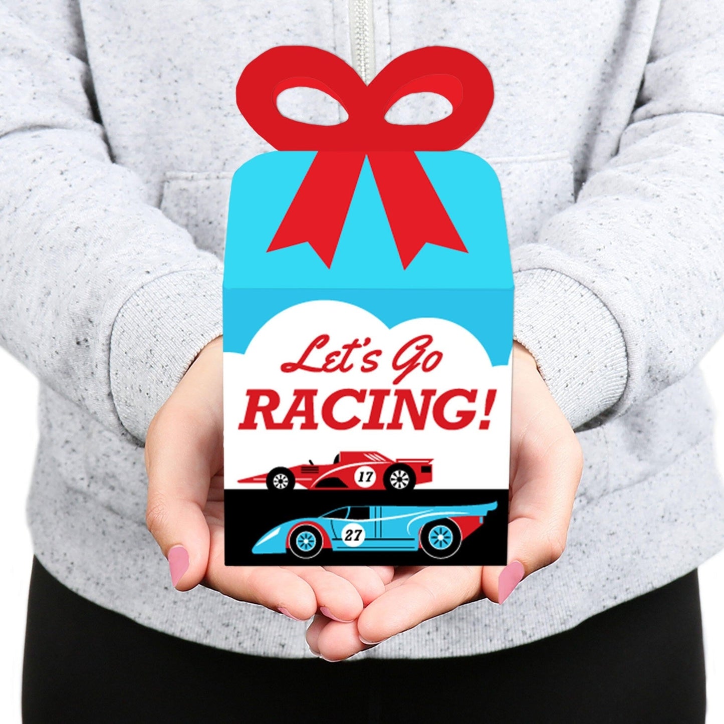 Let's Go Racing - Racecar - Square Favor Gift Boxes - Race Car Birthday Party or Baby Shower Bow Boxes - Set of 12