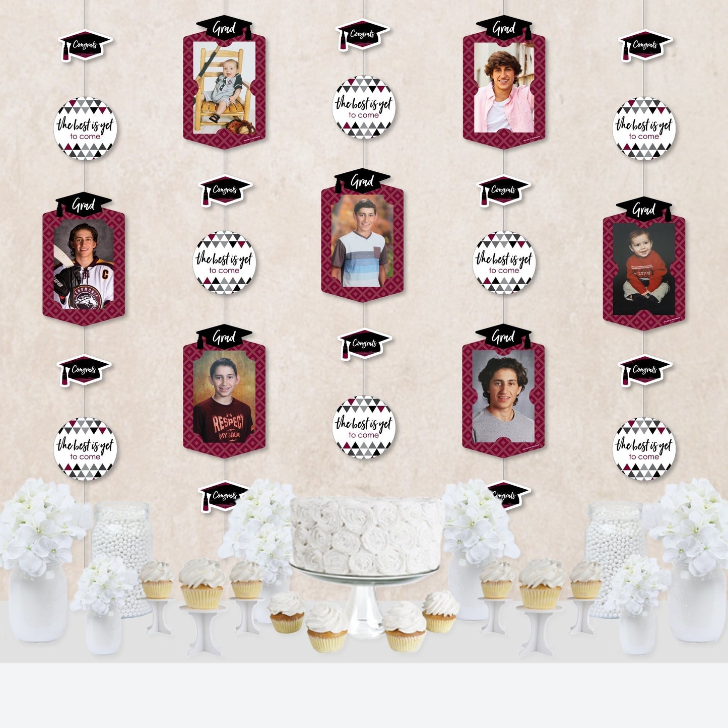 Maroon Grad - Best is Yet to Come - Burgundy Graduation Party DIY Backdrop Decor - Hanging Vertical Photo Garland - 35 Pieces