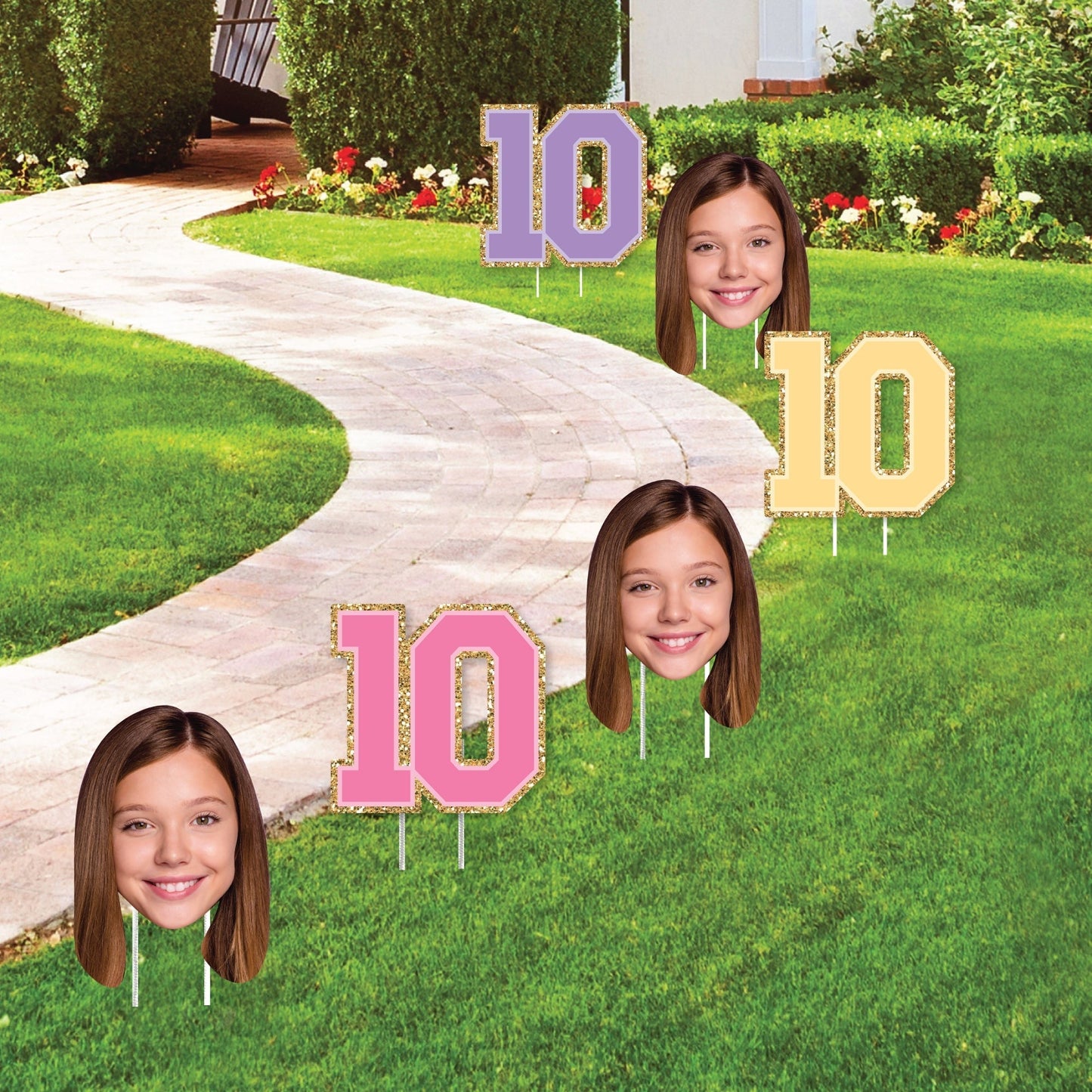 Custom Face Yard Signs - Preppy 10th Birthday Girl - 10 Pc