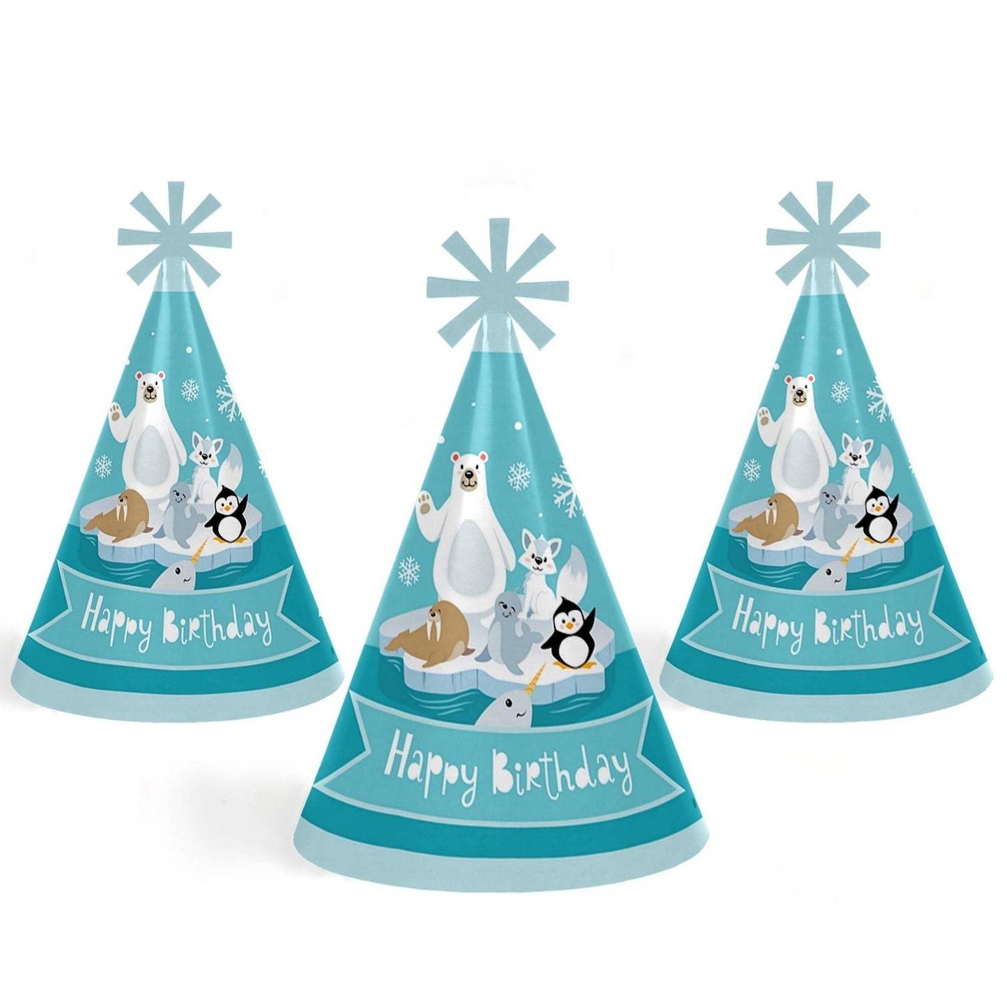 Arctic Polar Animals - Cone Happy Birthday Party Hats for Kids and Adults - Set of 8 (Standard Size)