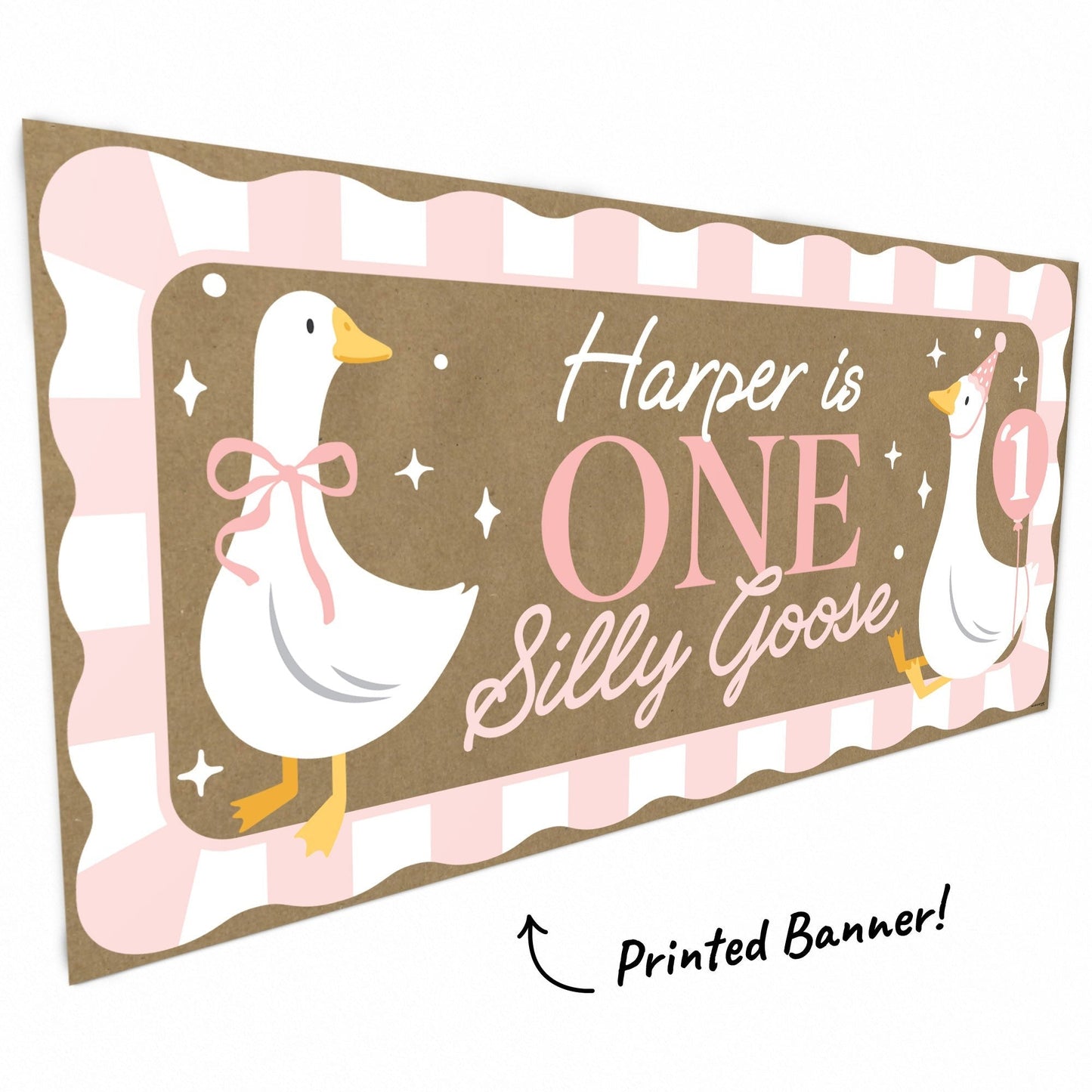 Custom Text One Silly Goose Pink Kraft Banner