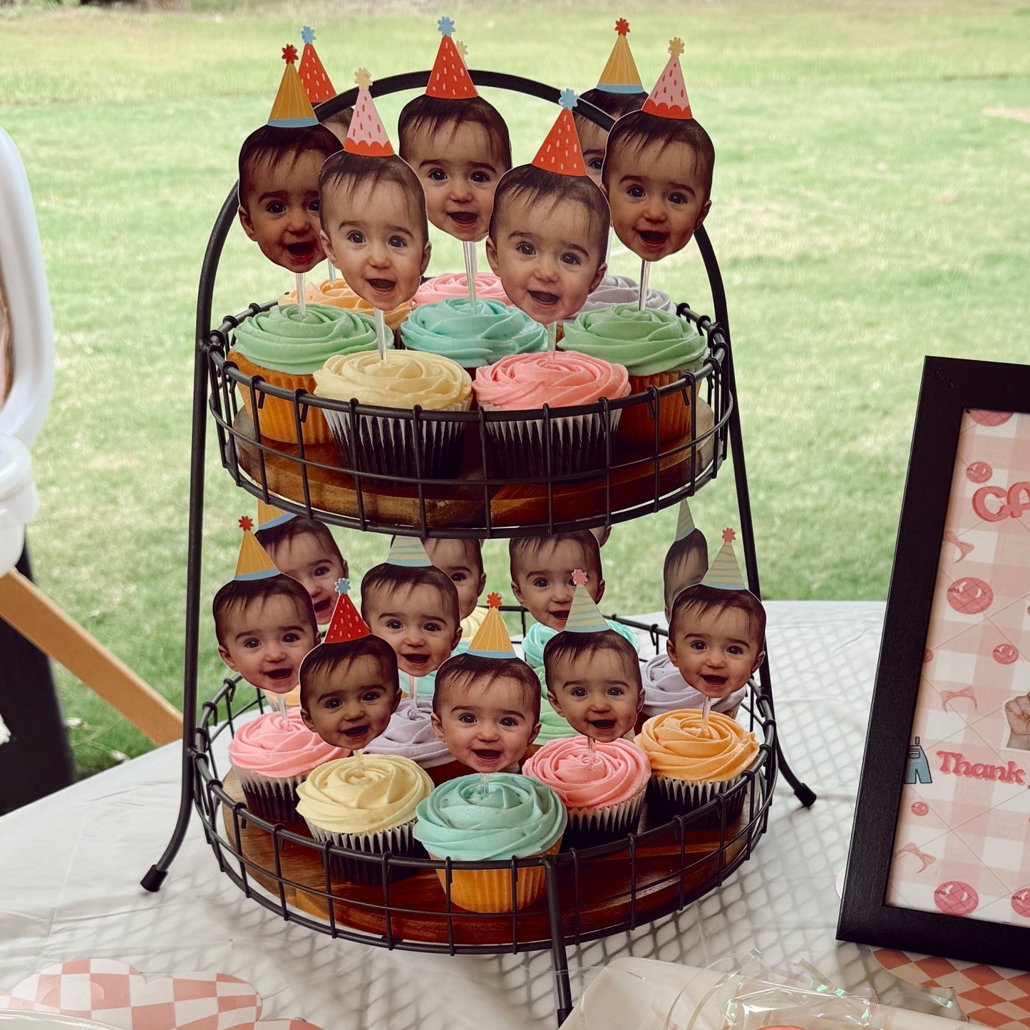 Custom Photo Party Time - Happy Birthday Party Dessert Cupcake Toppers - Fun Face Clear Treat Picks - Set of 24