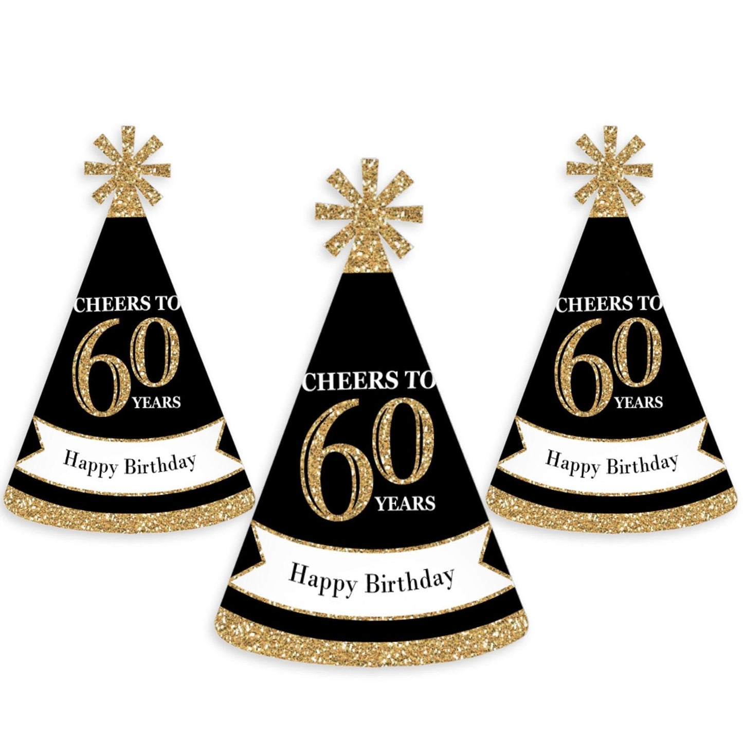 Adult 60th Birthday - Gold - Cone Birthday Party Hats for Adults - Set of 8 (Standard Size)