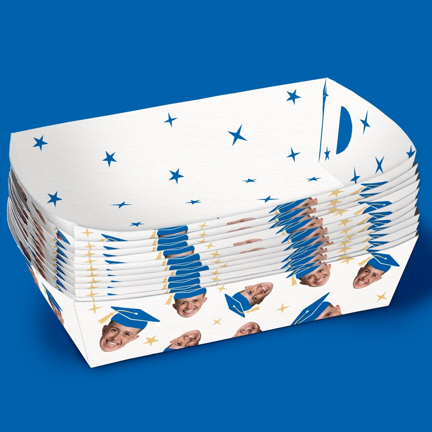 Custom Face Blue Graduation Paper Food Trays - 12 Ct