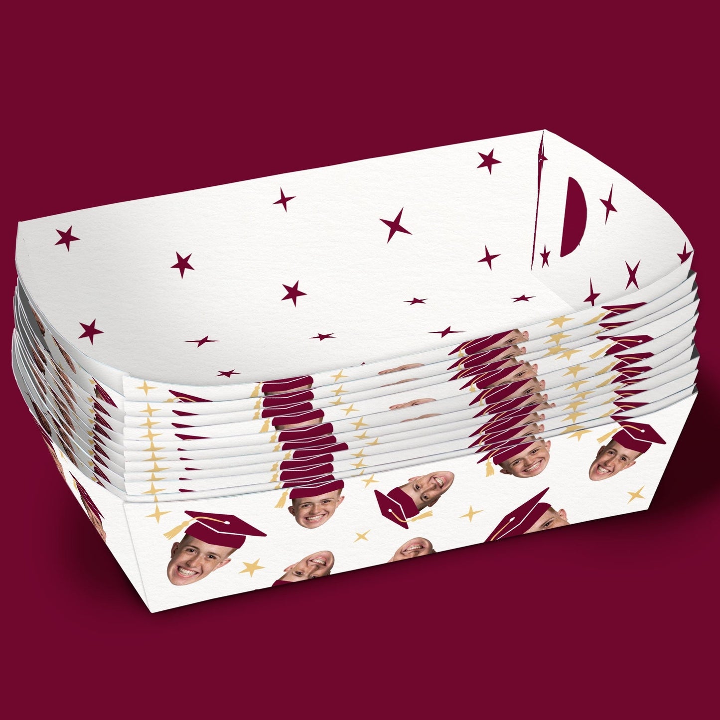 Custom Face Maroon Graduation Paper Food Trays - 12 Ct