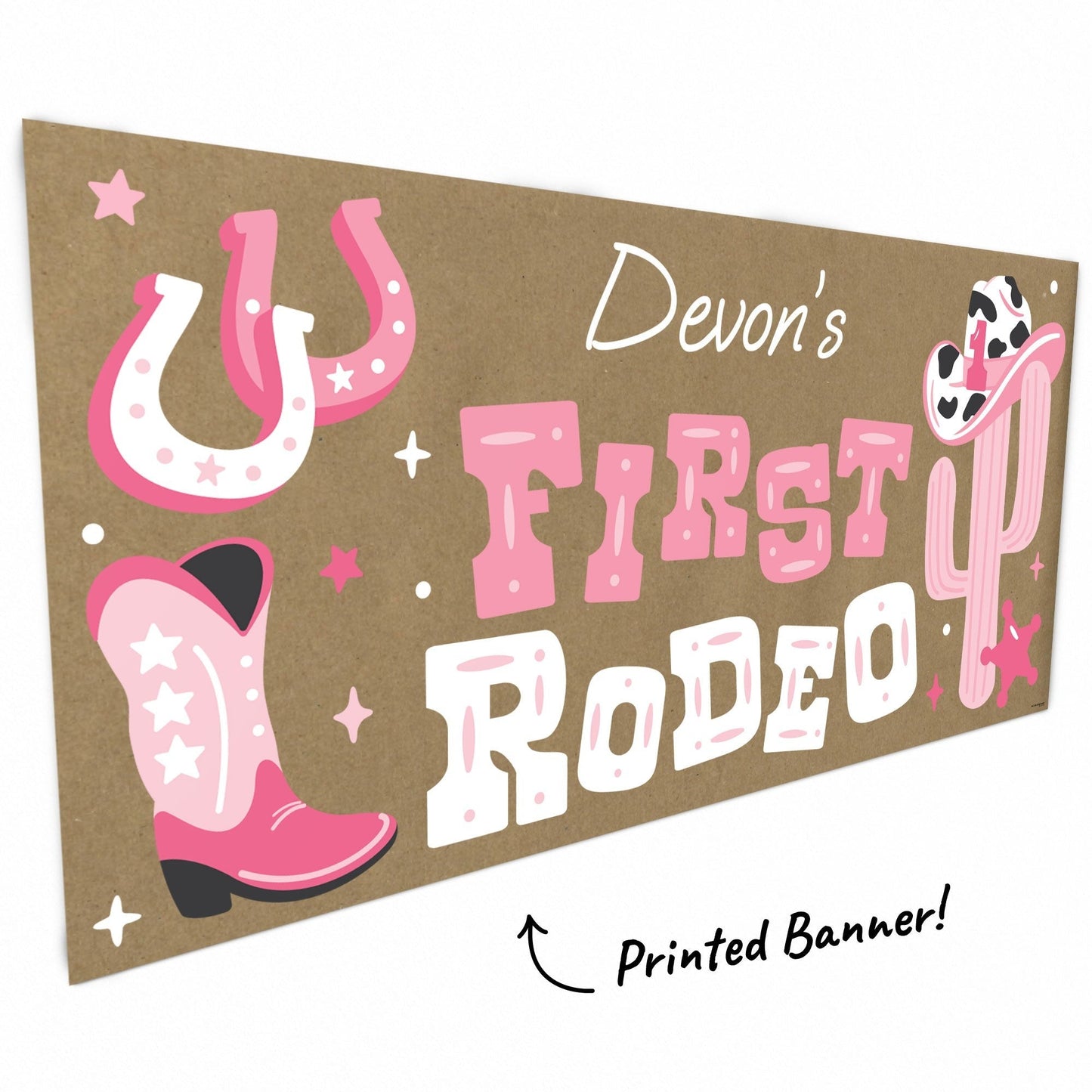 Custom Text Pink My First Rodeo Kraft Banner
