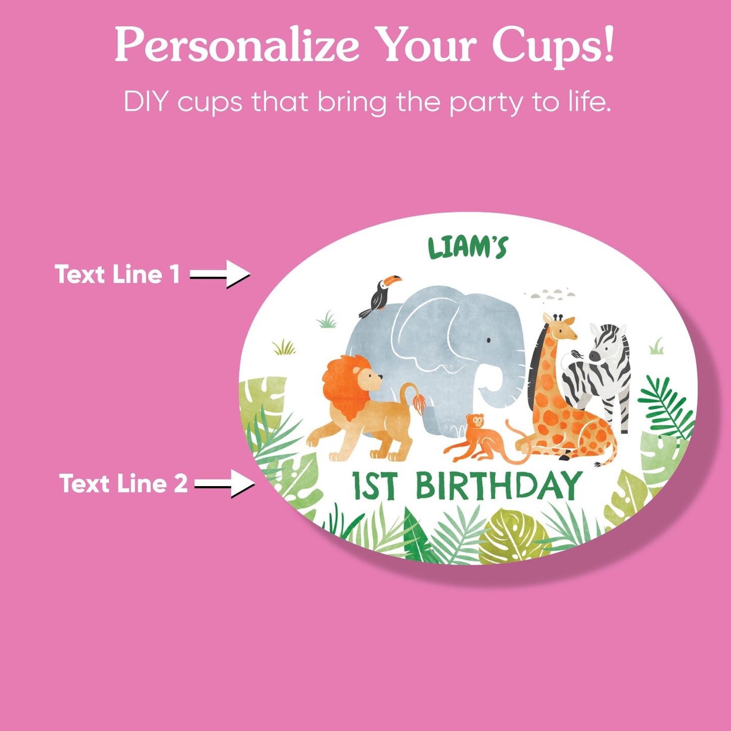 Custom Text Party Cups - Safari Animals - 16 Ct