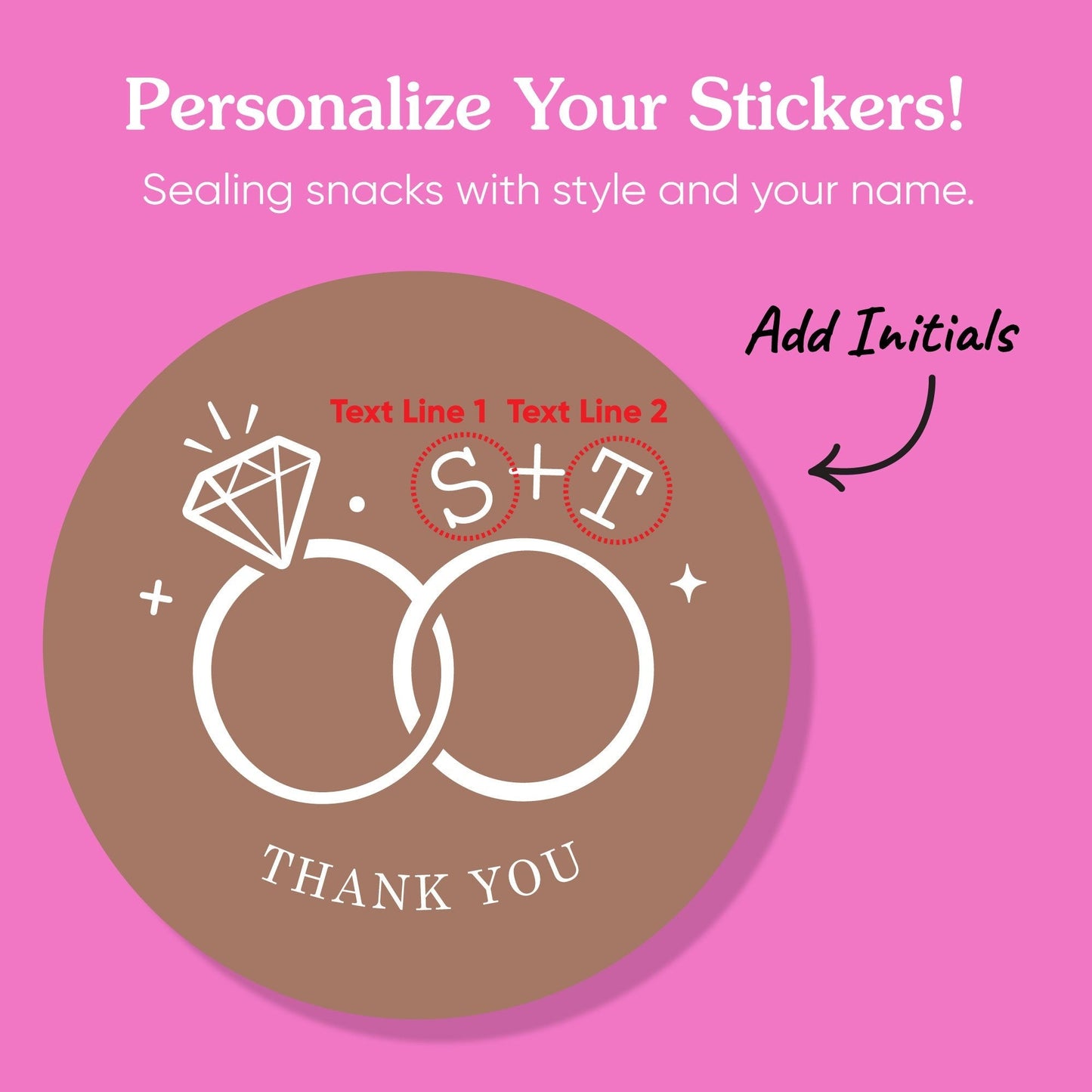Custom Text Stickers & Clear Cookie Bags - Mocha Brown Wedding Rings