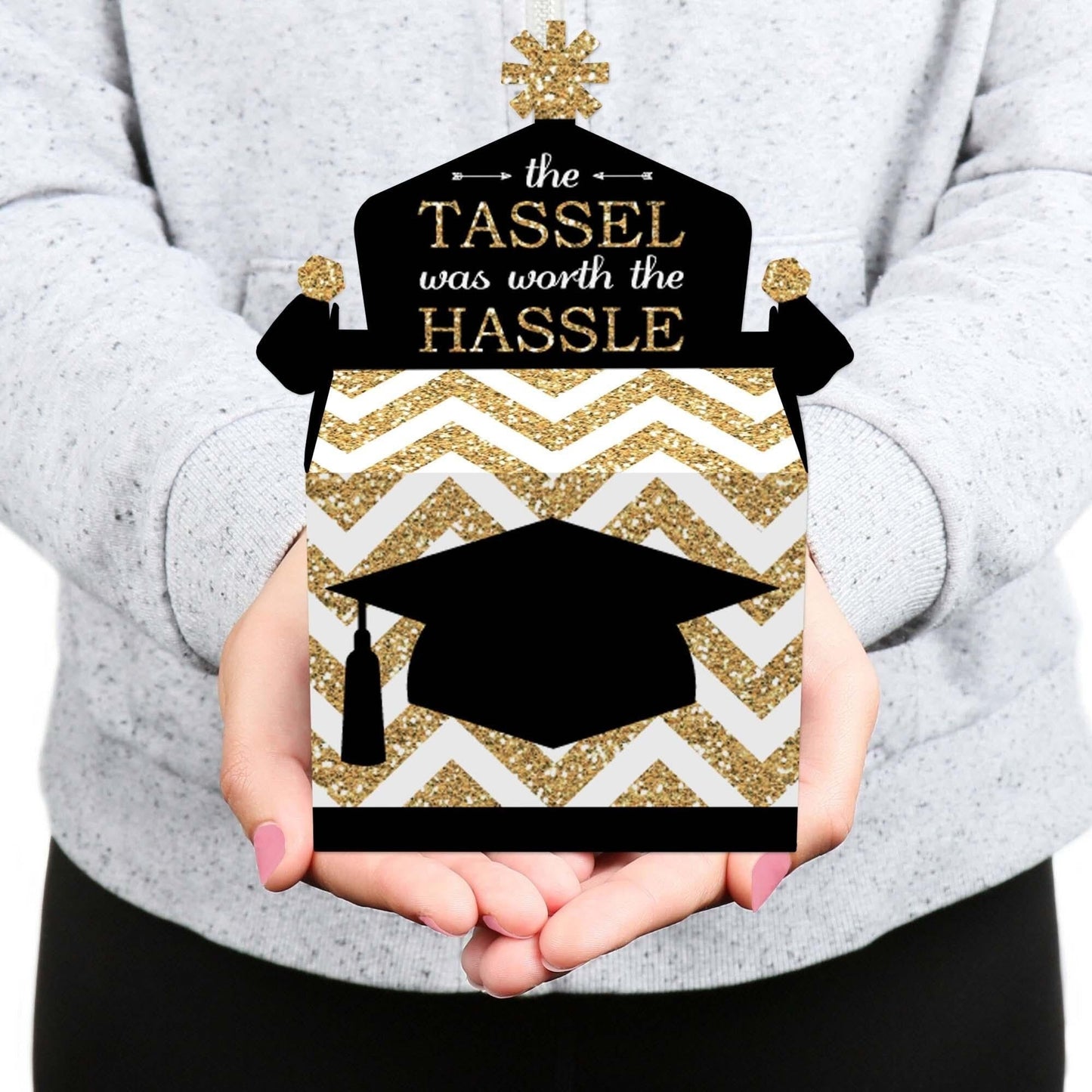 Tassel Worth The Hassle - Gold - Treat Box Party Favors - Graduation Party Goodie Gable Boxes - Set of 12