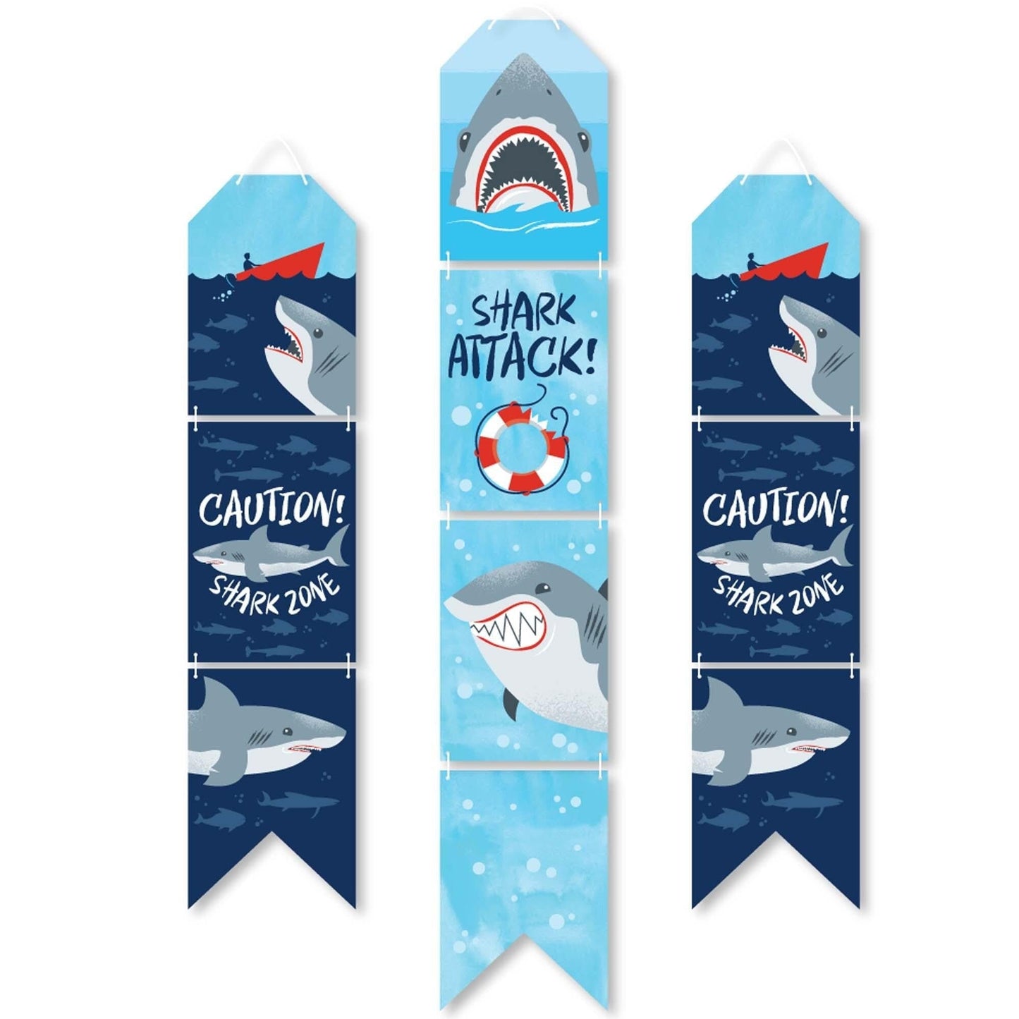 Shark Zone - Hanging Vertical Paper Door Banners - Jawsome Shark Party or Birthday Party Wall Decoration Kit - Indoor Door Decor