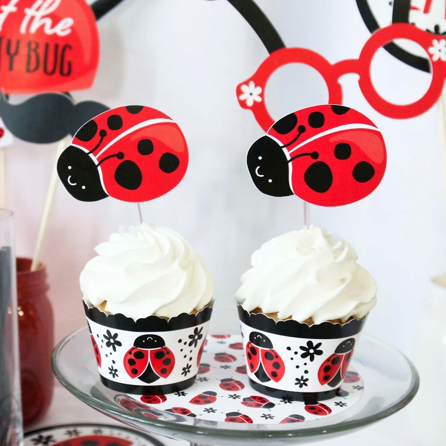 Happy Little Ladybug - Dessert Cupcake Toppers - Baby Shower or Birthday Party Clear Treat Picks - Set of 24