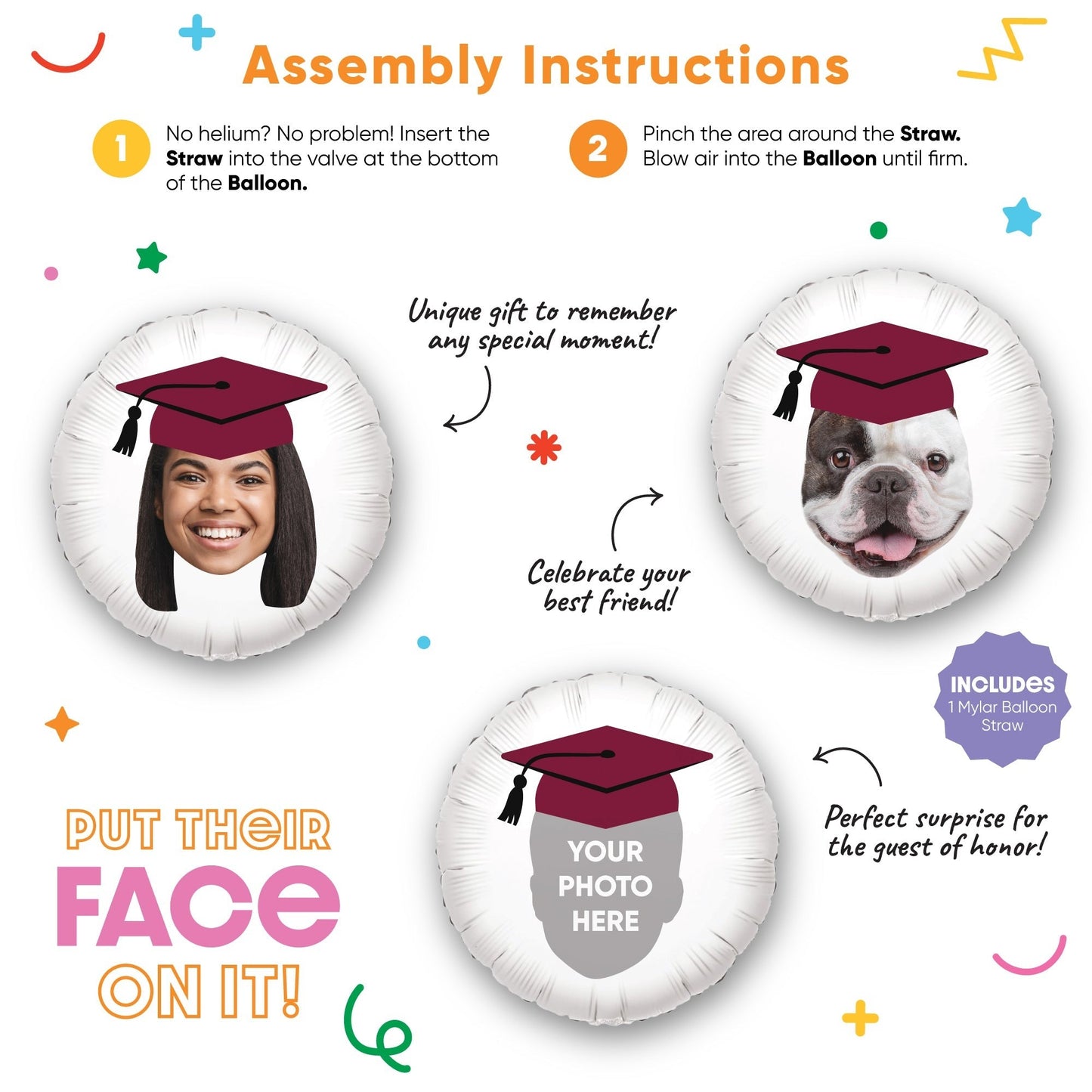 Personalized Fun Face Maroon Grad Cap Balloon - Double Sided - 1 Ct