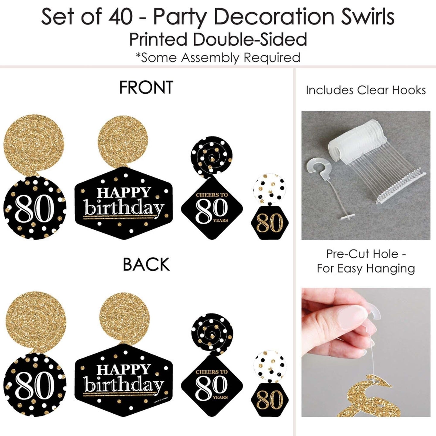 Adult 80th Birthday - Gold - Birthday Party Hanging Decor - Party Decoration Swirls - Set of 40