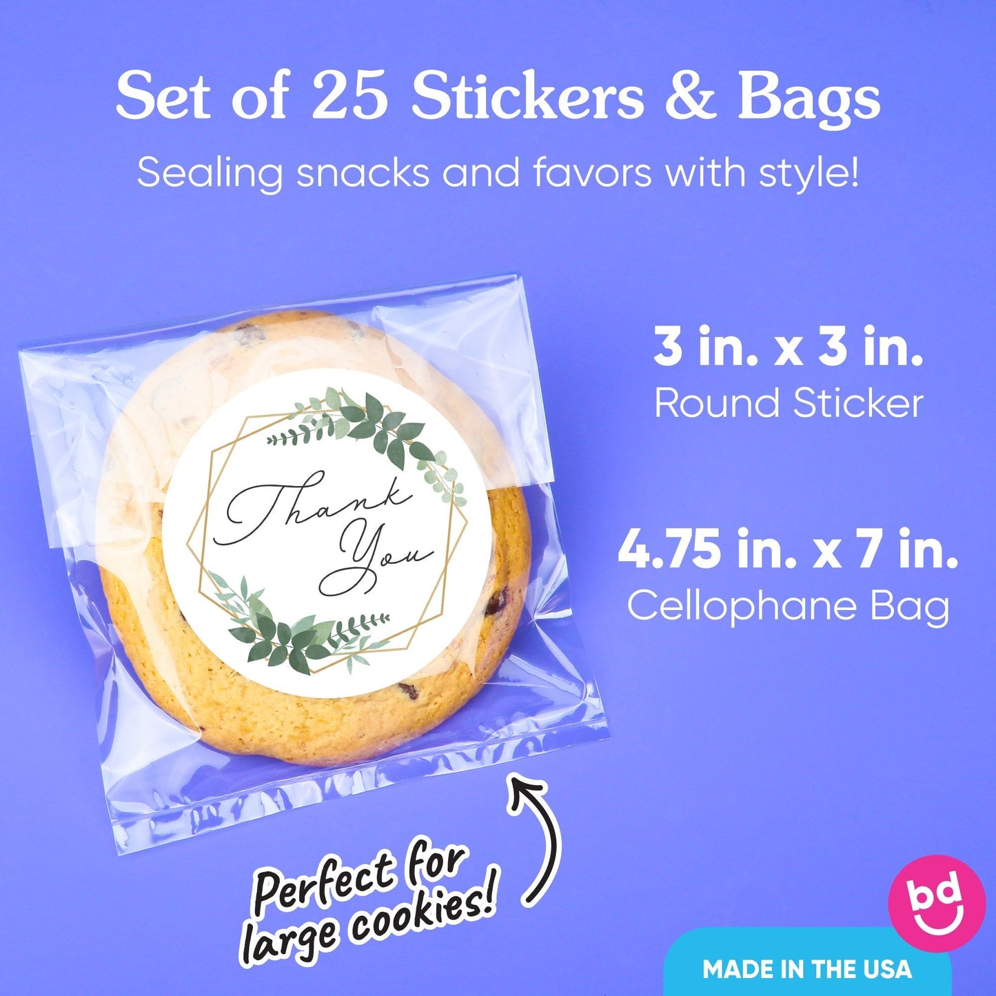 Boho Botanical Thank You Wedding Stickers & Clear Cookie Bags - 25 Ct